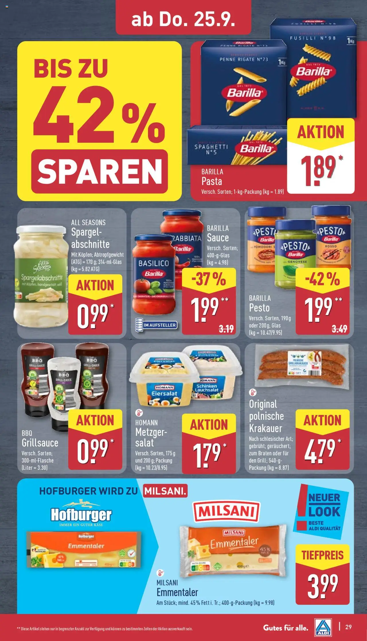 Aldi Prospekt 	 – gültig ab 22.09.2025 | Seite: 33 | Produkte: Käse, Barilla pesto, Schinken, Salat