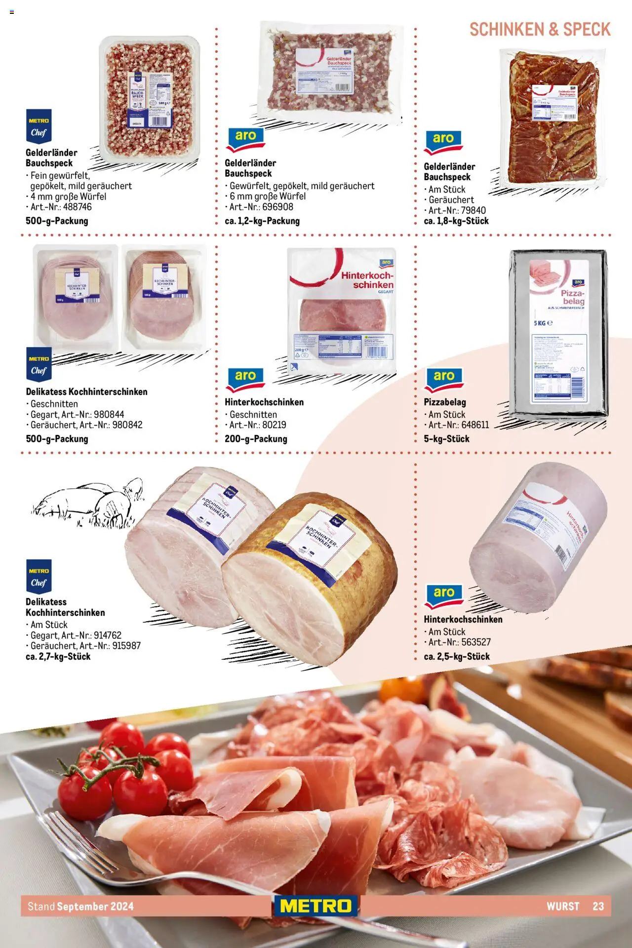 Metro  Eigenmarkensortiment – gültig ab 19.09.2024 | Seite: 23 | Produkte: Wurst, Schinken, Pizza, Schweinefleisch