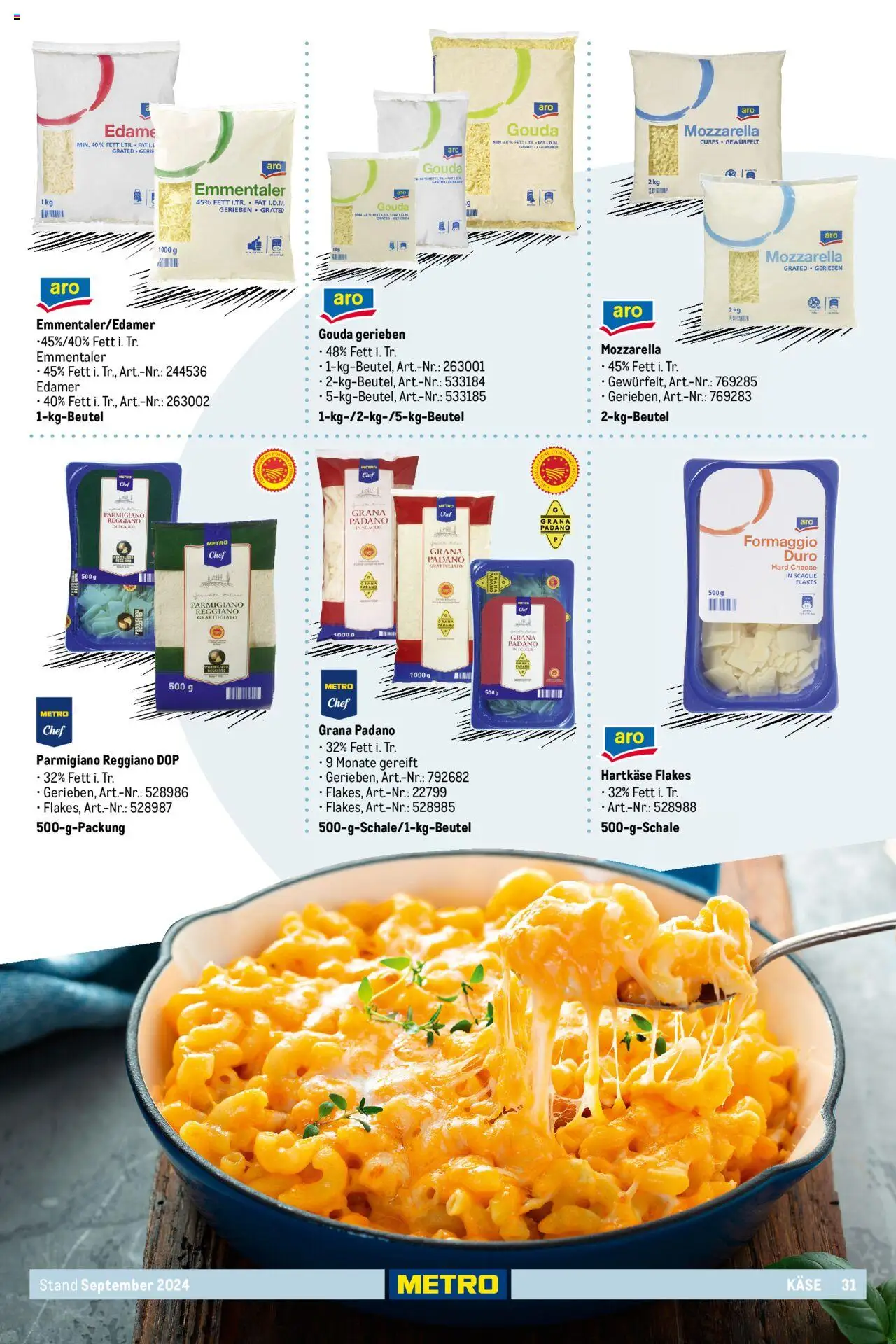 Metro  Eigenmarkensortiment – gültig ab 19.09.2024 | Seite: 31 | Produkte: Käse, Mozzarella, Gouda, Edamer