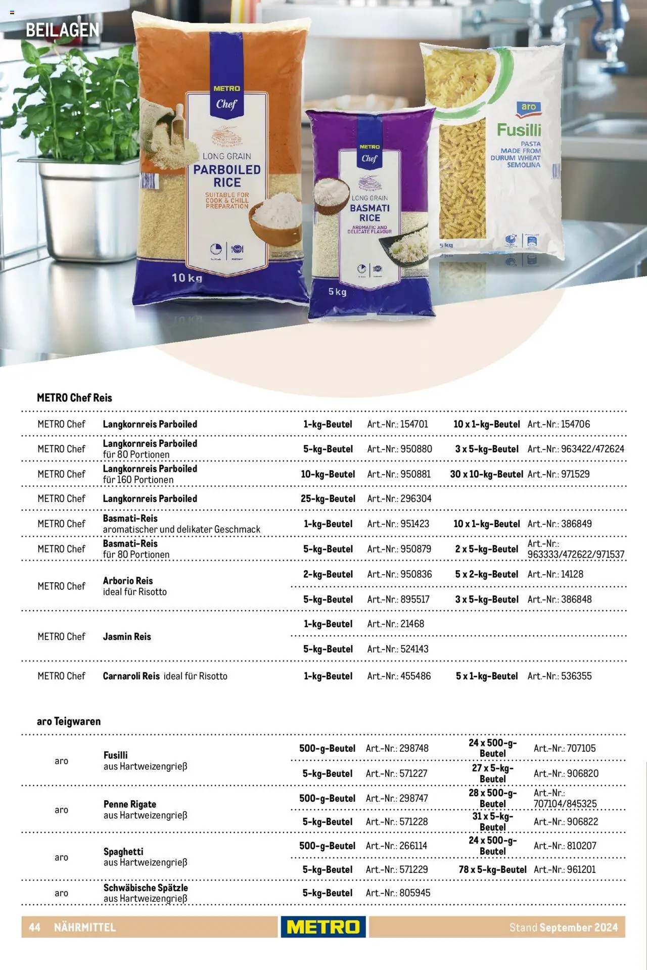 Metro  Eigenmarkensortiment – gültig ab 19.09.2024 | Seite: 44 | Produkte: Basmatireis, Pasta, Reis