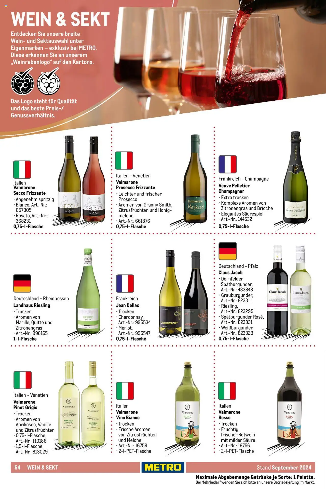 Metro  Eigenmarkensortiment – gültig ab 19.09.2024 | Seite: 54 | Produkte: Sekt, Merlot, Prosecco, Wein