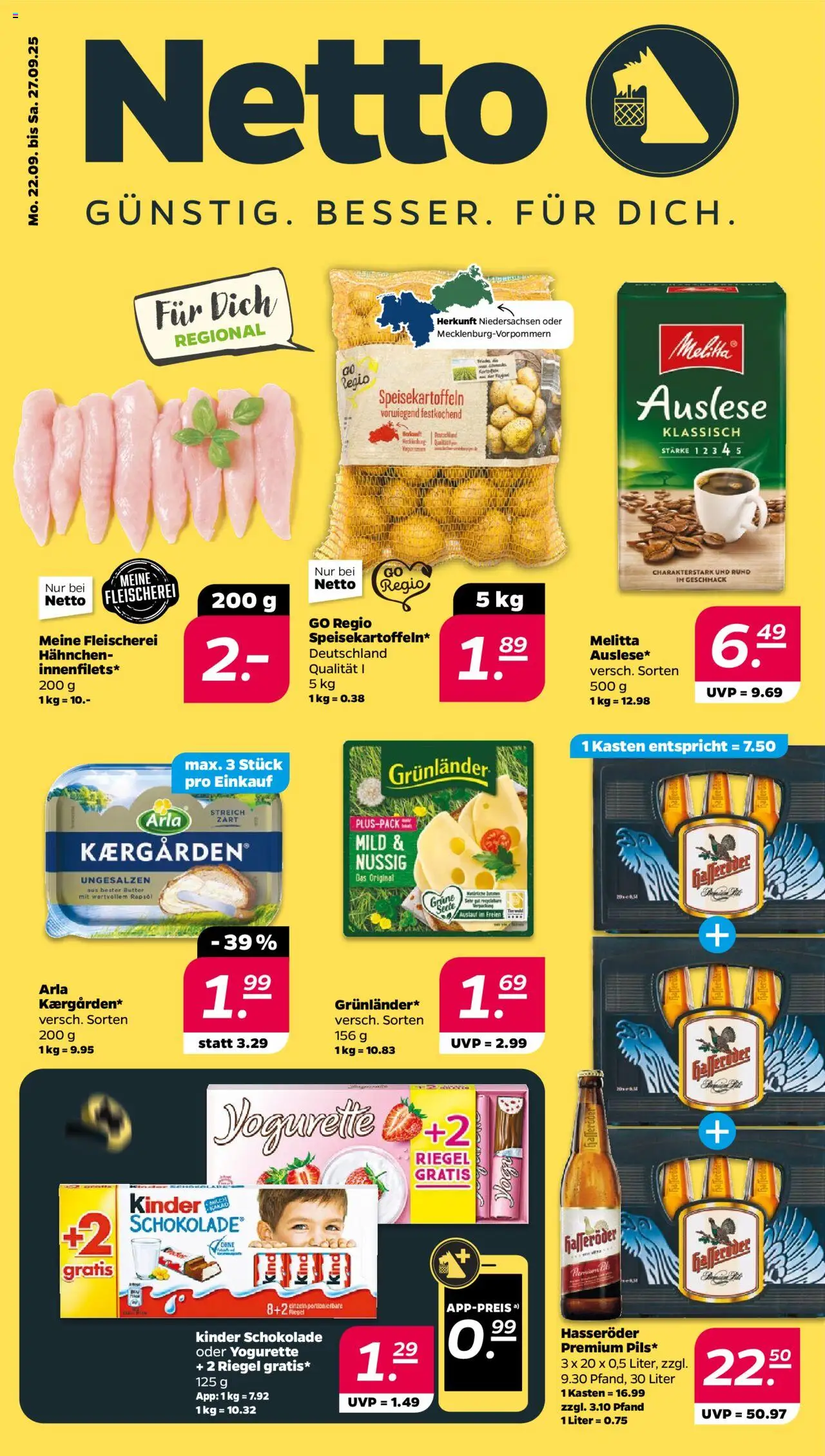 Netto Prospekt 	 – gültig ab 21.09.2025 | Seite: 1 | Produkte: Kinder schokolade, Hahnchen, Yogurette, Schokolade