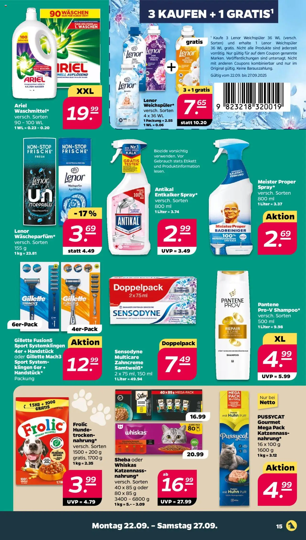 Netto Prospekt 	 – gültig ab 21.09.2025 | Seite: 15 | Produkte: Lenor, Shampoo, Wasser, Whiskas