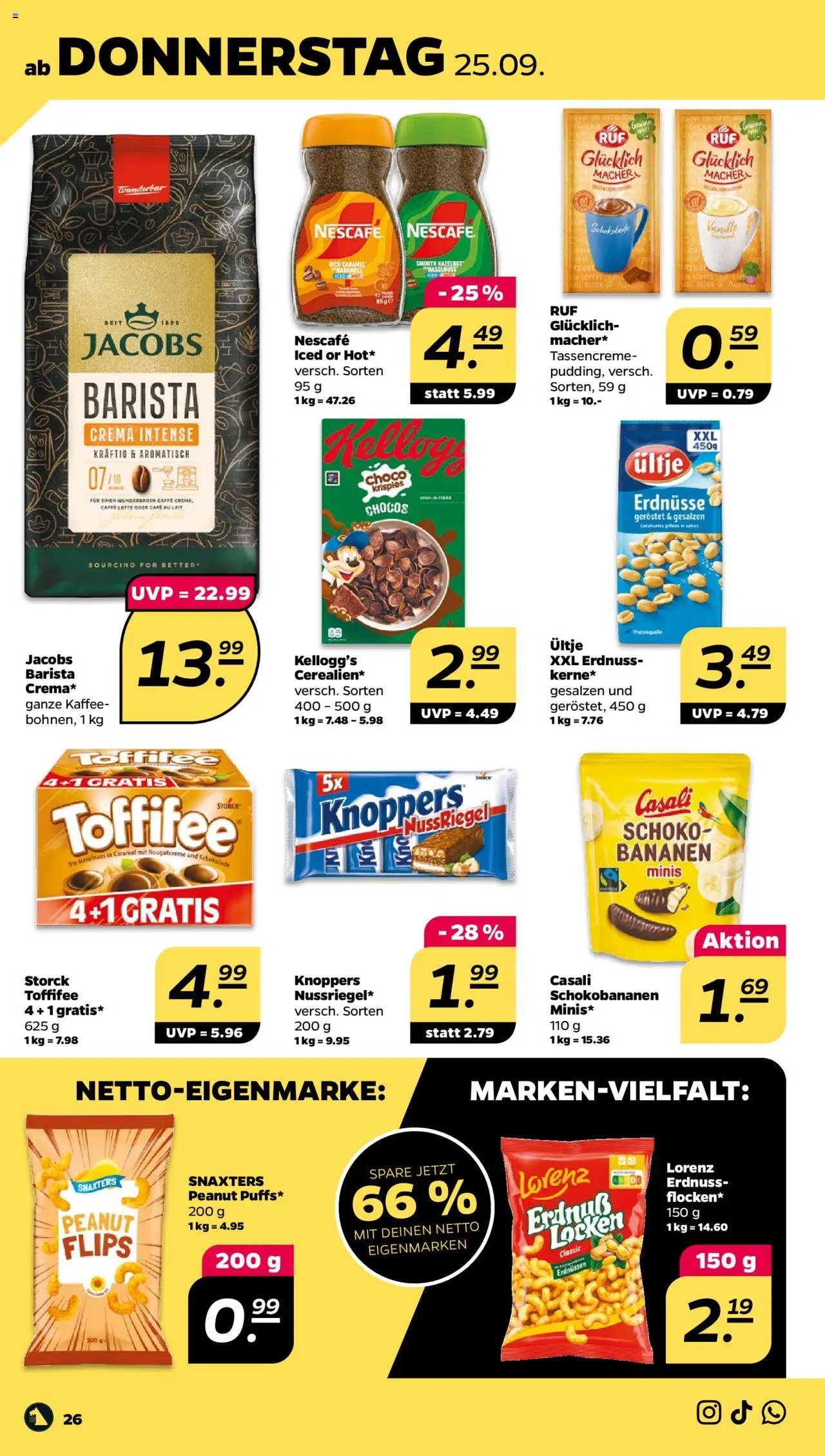 Netto Prospekt 	 – gültig ab 21.09.2025 | Seite: 26 | Produkte: Nescafe, Schokolade, Bananen, Knoppers