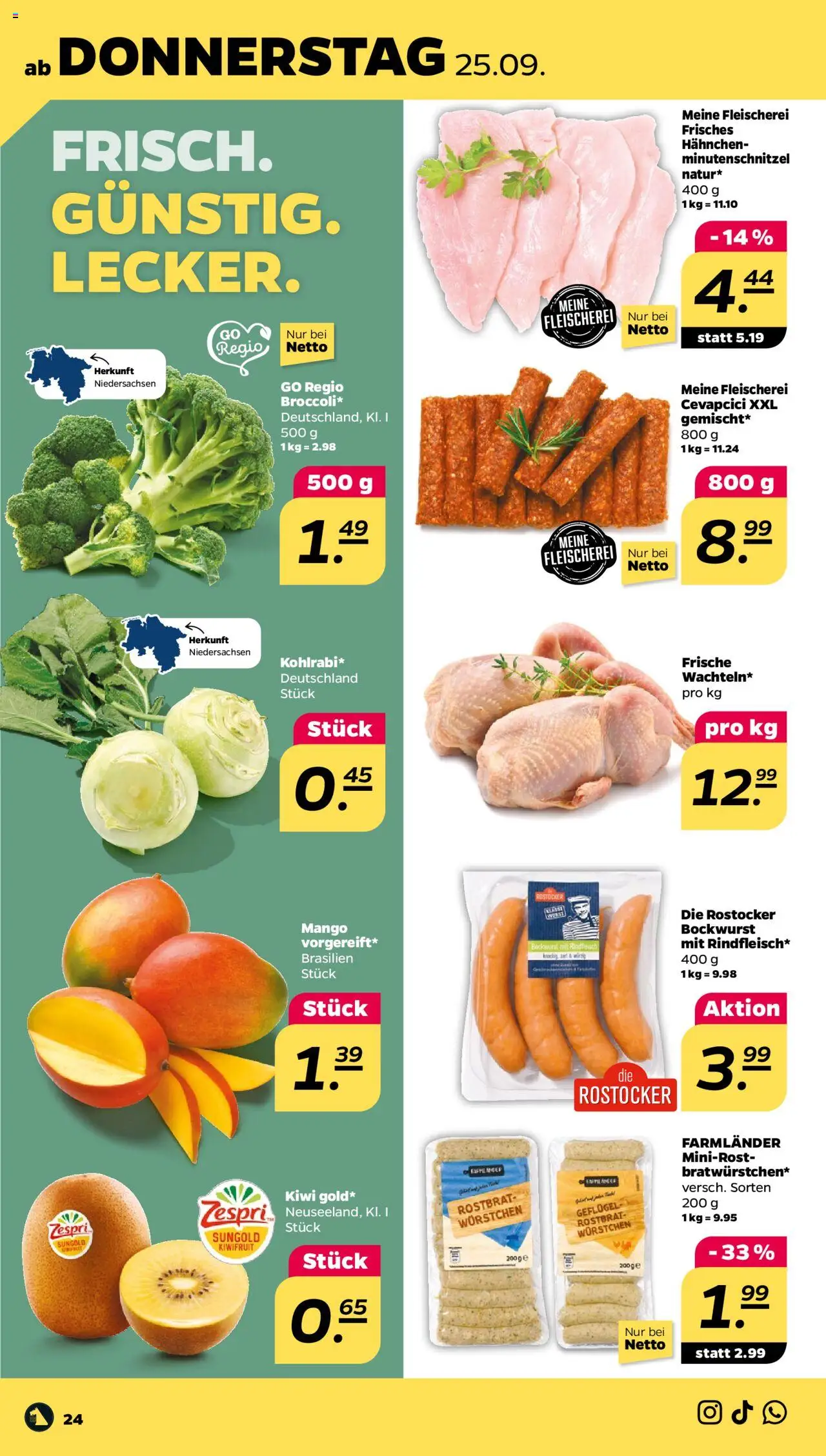 Netto Prospekt 	 – gültig ab 21.09.2025 | Seite: 24 | Produkte: Hahnchen, Cevapcici, Rindfleisch, Kiwi