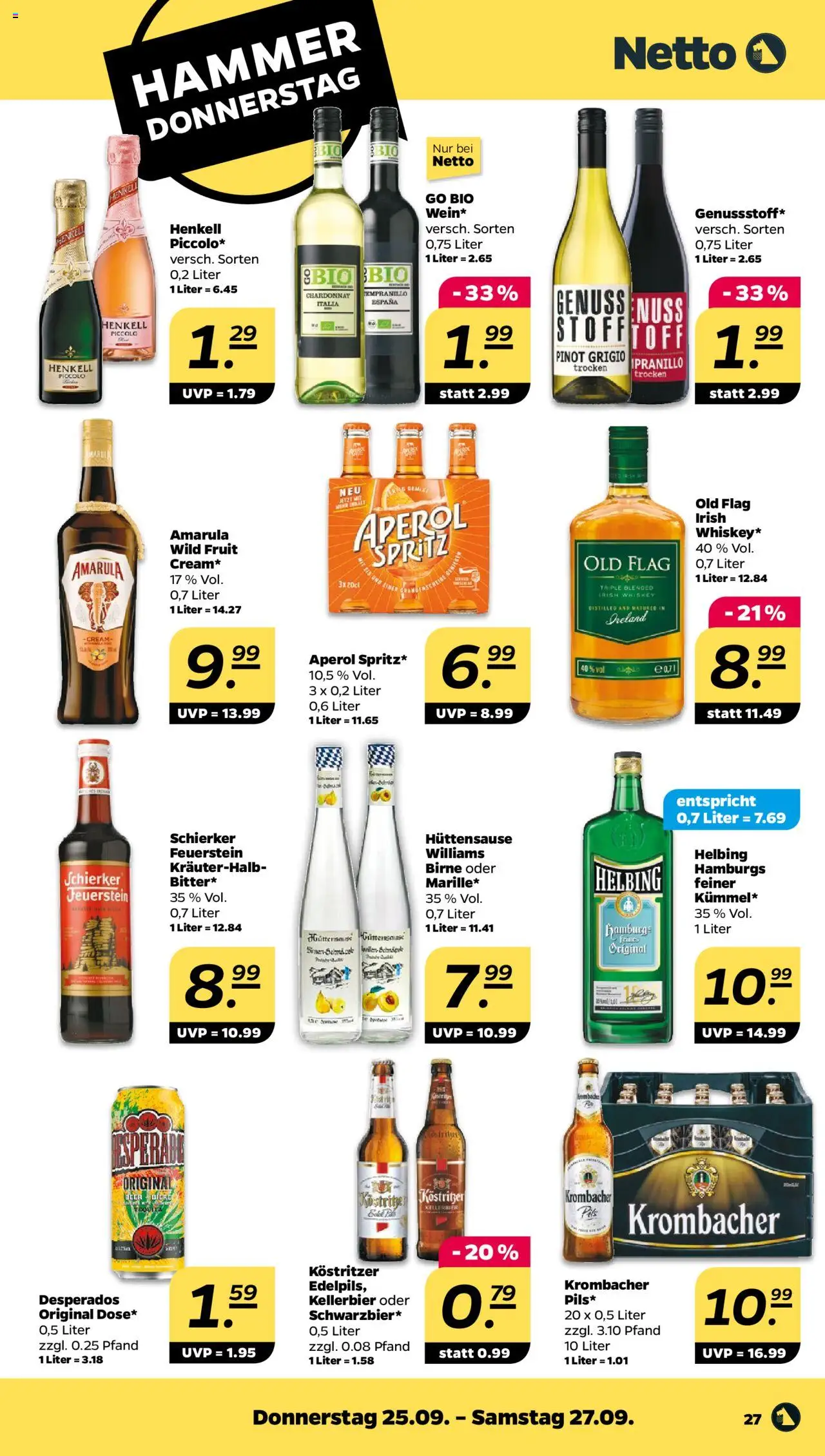 Netto Prospekt 	 – gültig ab 21.09.2025 | Seite: 27 | Produkte: Kostritzer, Krombacher, Birne, Whiskey