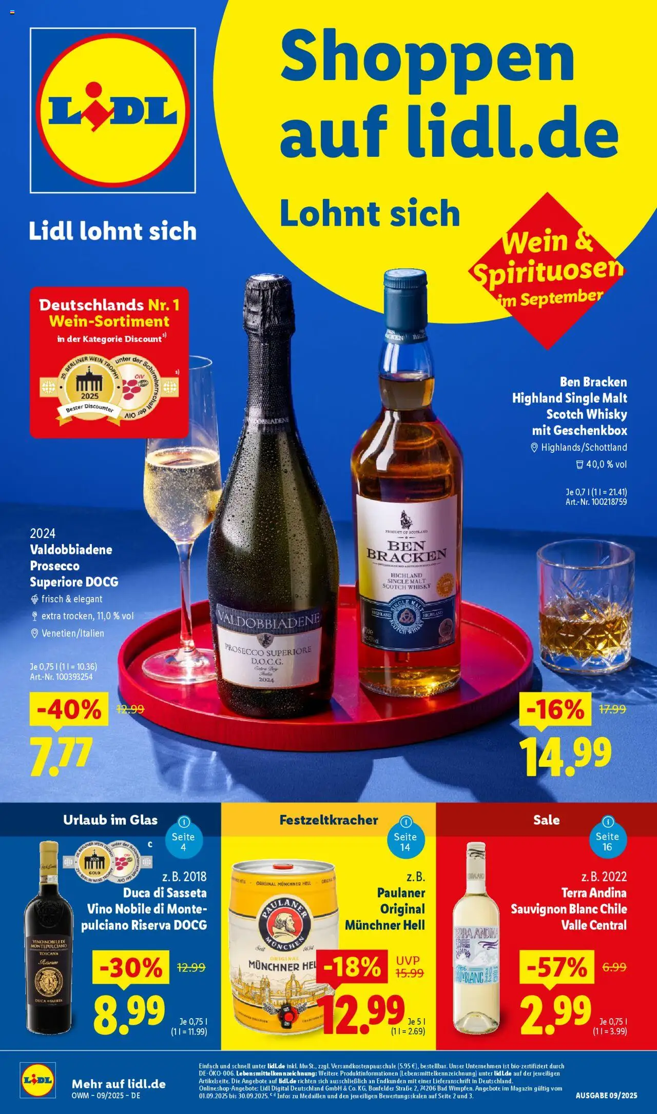 Lidl Wein & Spirituosen im Onlineshop – gültig ab 01.09.2025 | Seite: 1 | Produkte: Whisky, Bad, Wein, Paulaner