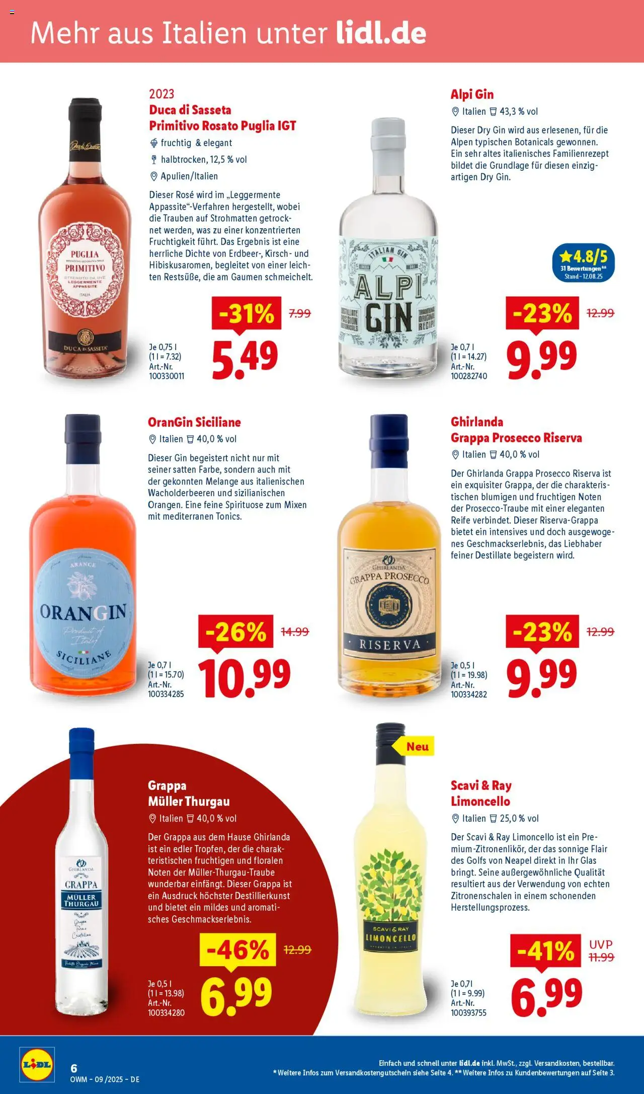 Lidl Wein & Spirituosen im Onlineshop – gültig ab 01.09.2025 | Seite: 6 | Produkte: Trauben, Prosecco, Limoncello, Gin