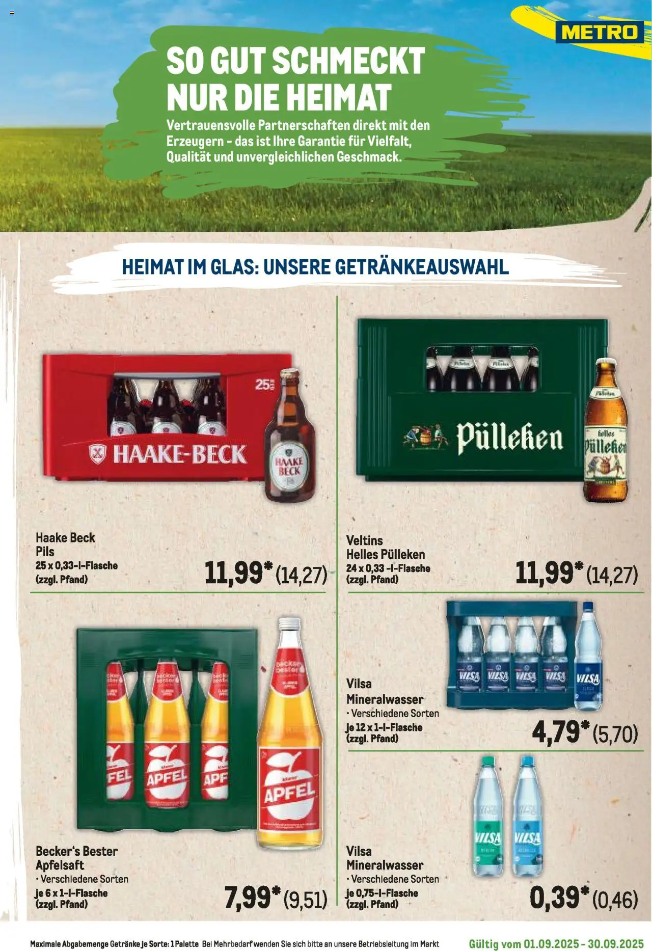 Metro Regionaler Flyer – gültig ab 01.09.2025 | Seite: 43 | Produkte: Helles pulleken, Apfelsaft, Mineralwasser, Veltins
