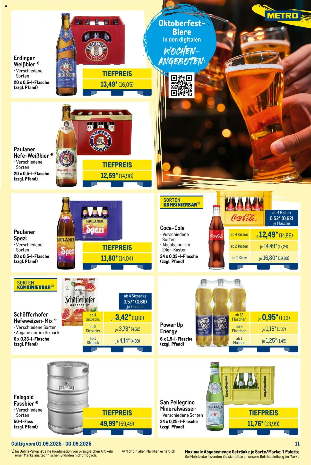 Metro Monats-Menü – gültig ab 01.09.2025 | Seite: 11 | Produkte: Coca cola, Paulaner spezi, Mineralwasser, Paulaner