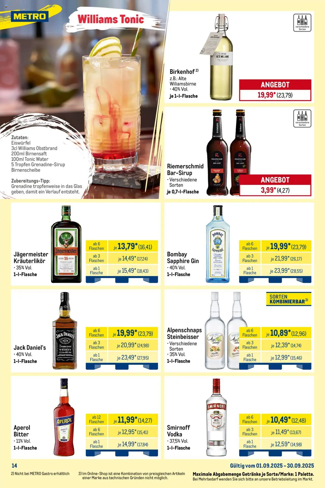 Metro Monats-Menü – gültig ab 01.09.2025 | Seite: 14 | Produkte: Jack Daniel's, Smirnoff, Aperol, Vodka