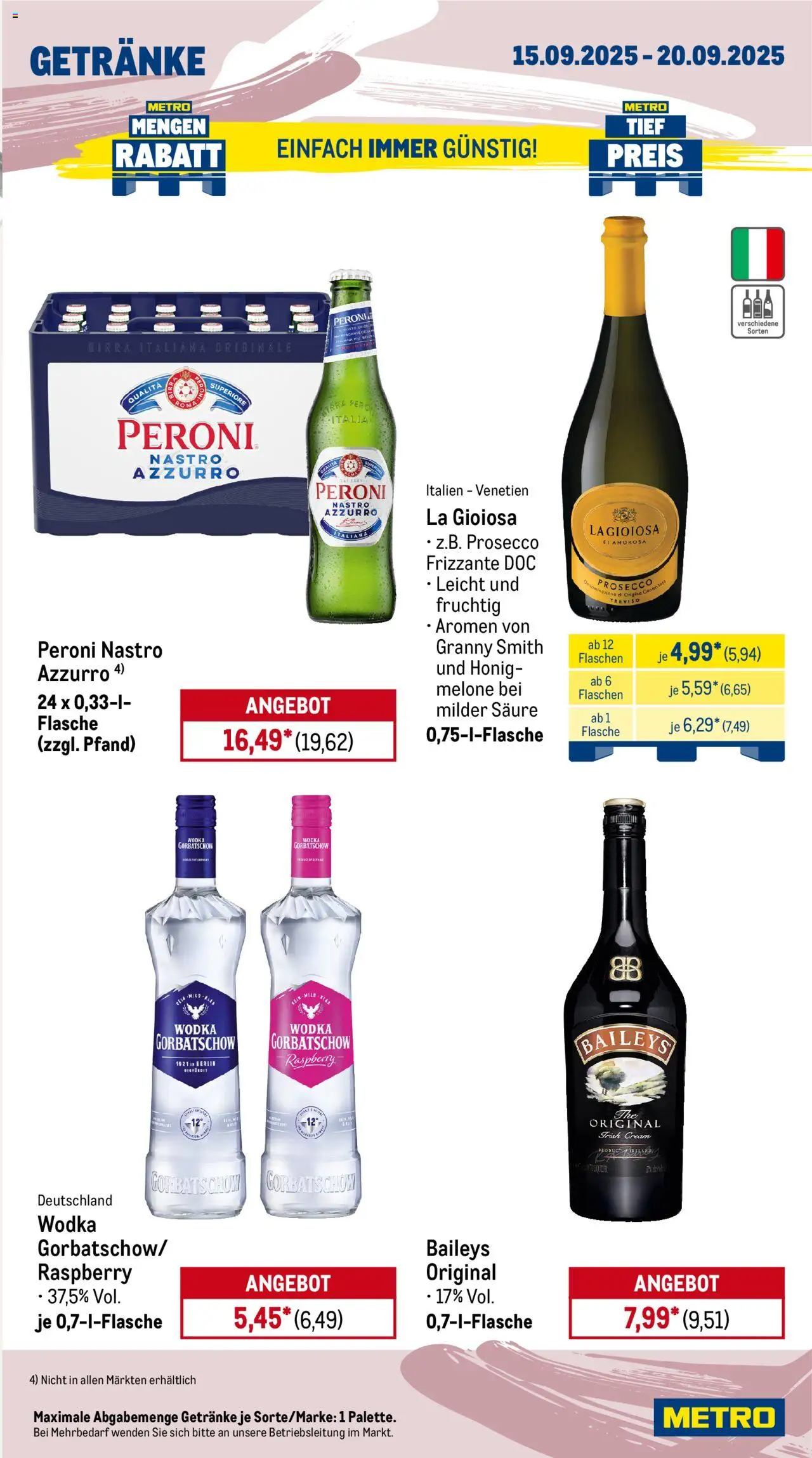 Metro Wochen-Angebote Gastro – gültig ab 15.09.2025 | Seite: 15 | Produkte: Prosecco, Baileys, Wodka gorbatschow, Wodka
