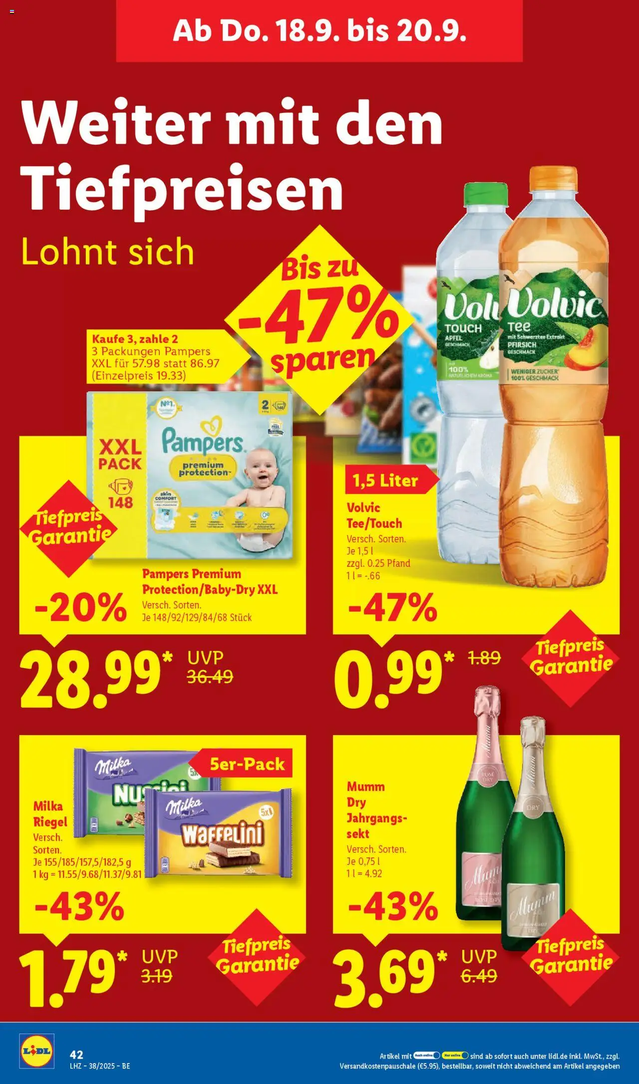 Lidl Prospekt Zossen – gültig ab 15.09.2025 | Seite: 62 | Produkte: Sekt, Pampers, Milka, Volvic