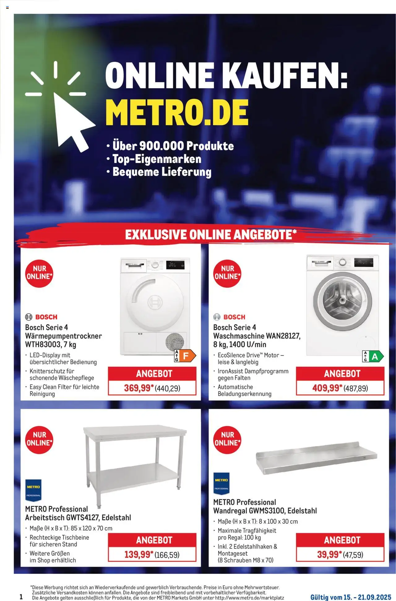 Metro Online: Wochen-Angebote – gültig ab 15.09.2025 | Seite: 1 | Produkte: Bosch, Wandregal, Regal, Arbeitstisch