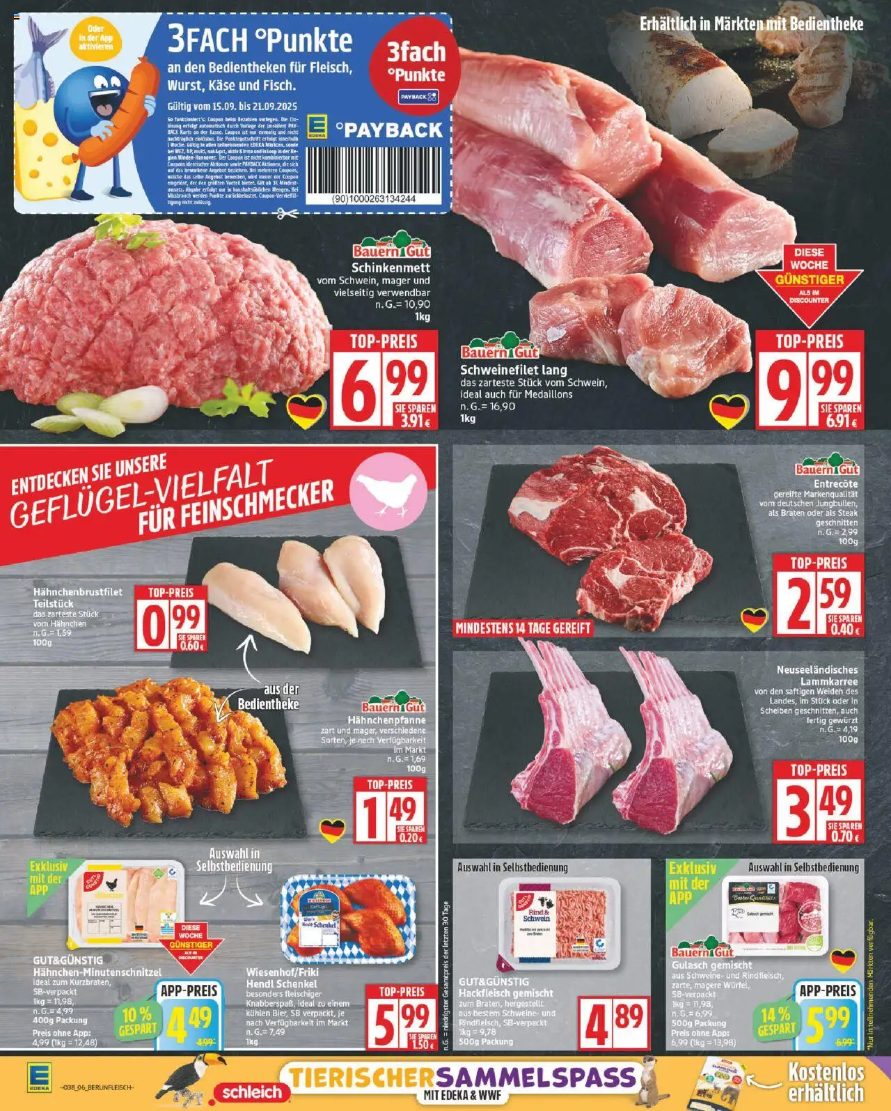 Edeka Prospekt 	 – gültig ab 15.09.2025 | Seite: 6 | Produkte: Hahnchen, Schweinefilet, Gulasch, Hackfleisch