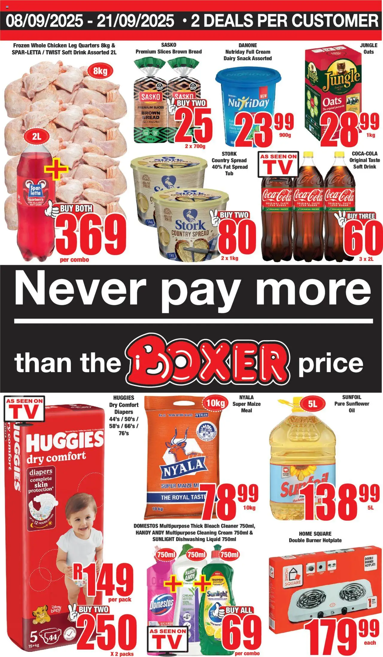 New Boxer catalogue – valid from 08.09.2025 | Page: 1 | Products: Bleach, Oats, Cream, Dishwashing liquid