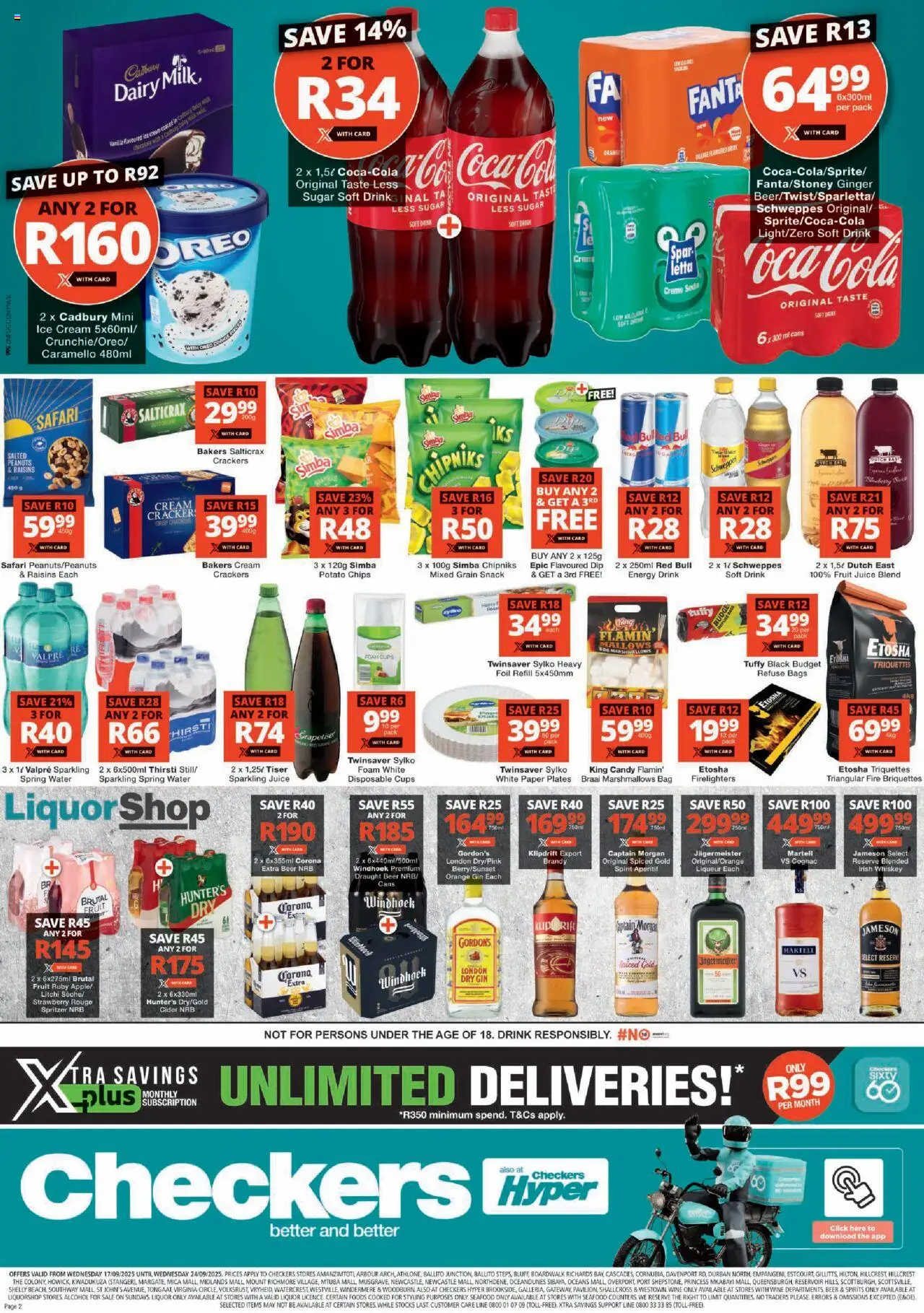 New Checkers catalogue – valid from 17.09.2025 | Page: 2 | Products: Juice, Peanuts, Water, Fruit