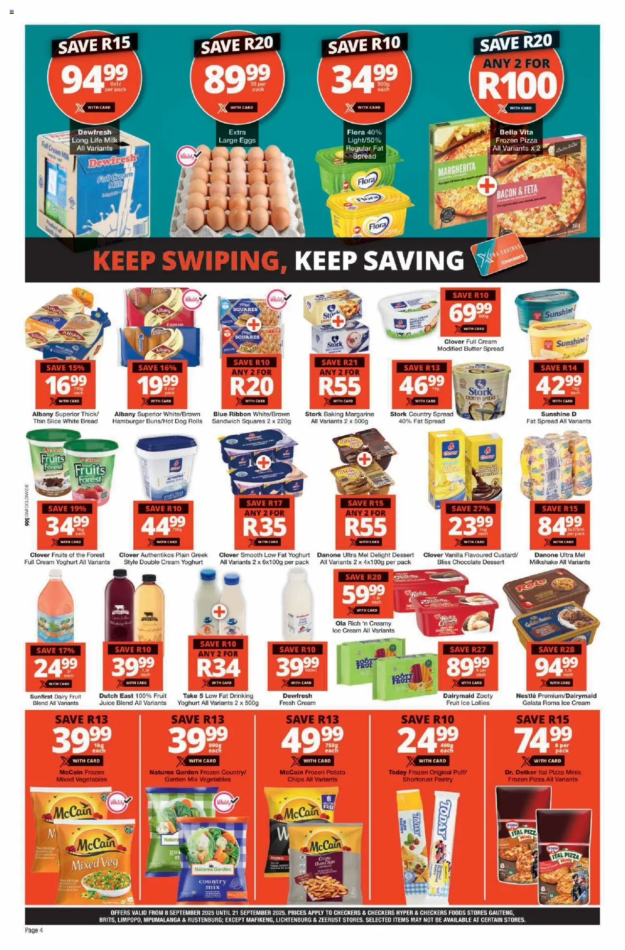 New Checkers catalogue – valid from 08.09.2025 | Page: 4 | Products: Margarine, Pizza, Ice cream, Fat spread