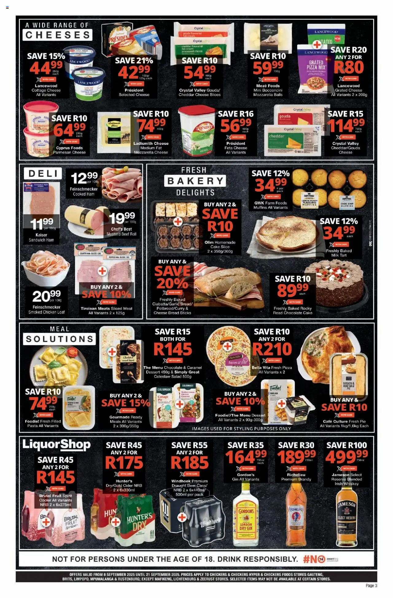 New Checkers catalogue – valid from 08.09.2025 | Page: 3 | Products: Cake, Cheese, Gin, Fruit