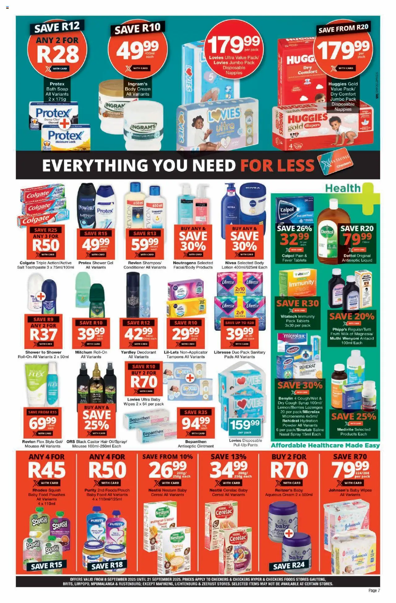 New Checkers catalogue – valid from 08.09.2025 | Page: 7 | Products: Lozenges, Body cream, Toothpaste, Nappies