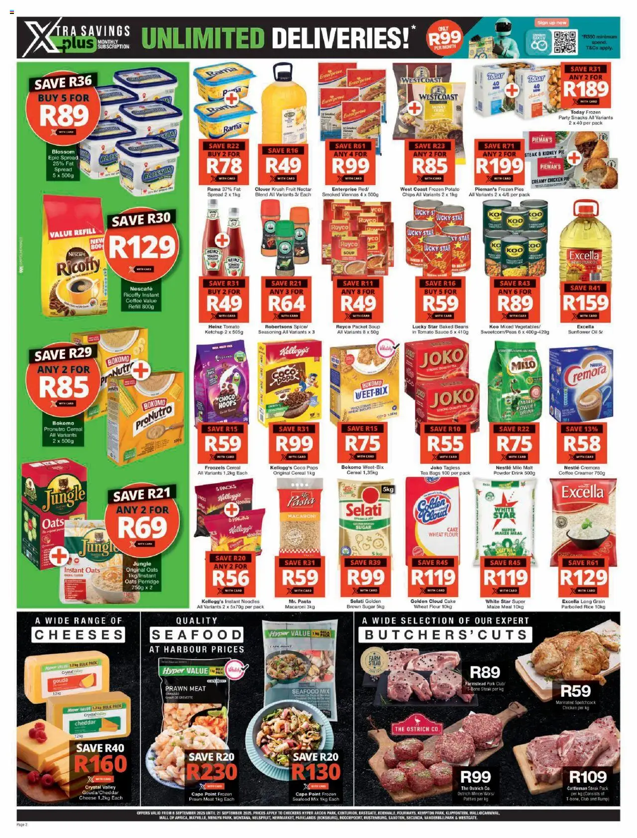 New Checkers catalogue – valid from 08.09.2025 | Page: 2 | Products: Cheese, Coffee, Snacks, Seafood