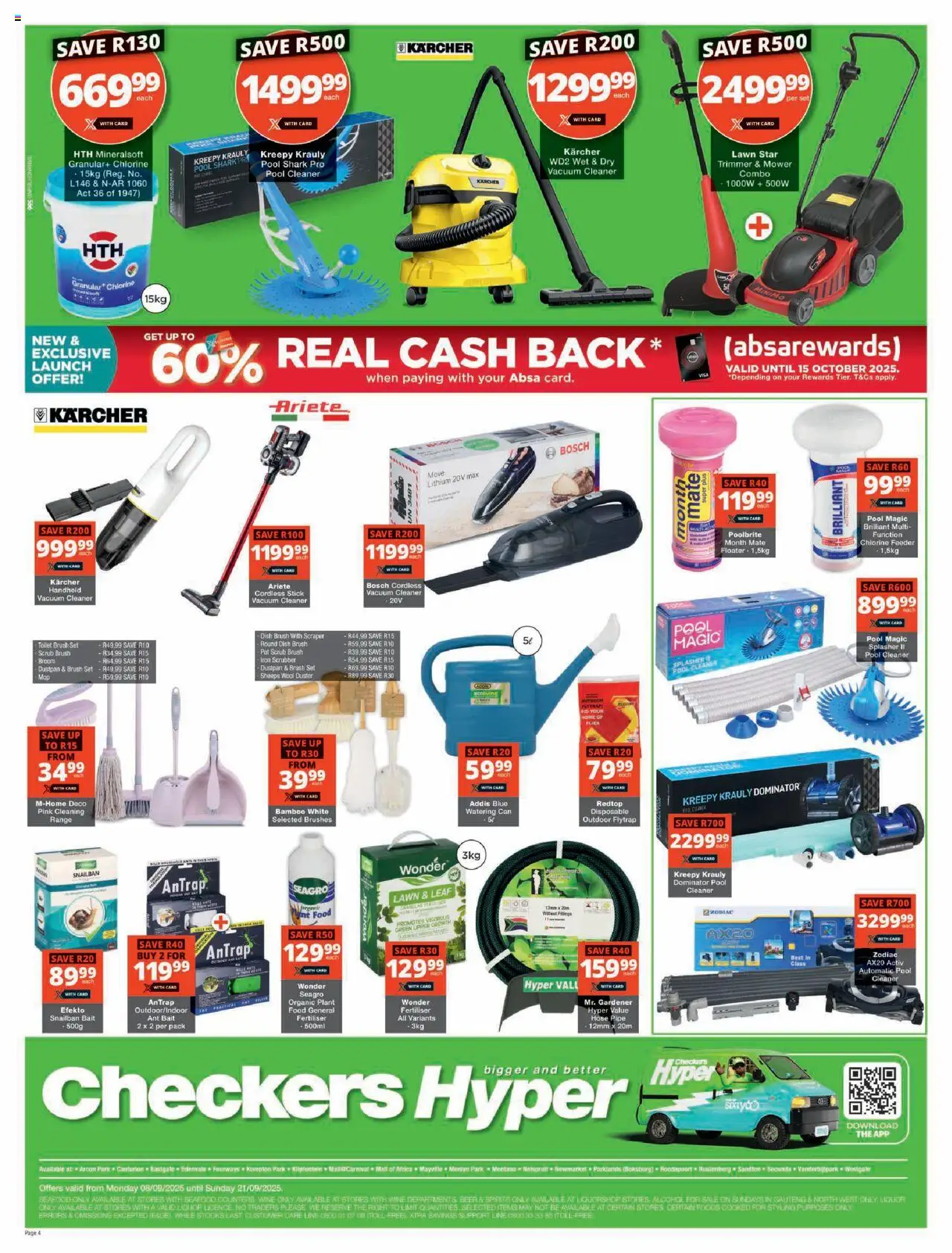 New Checkers catalogue – valid from 08.09.2025 | Page: 4 | Products: Vacuum cleaner, Mower, Wine, Scrub