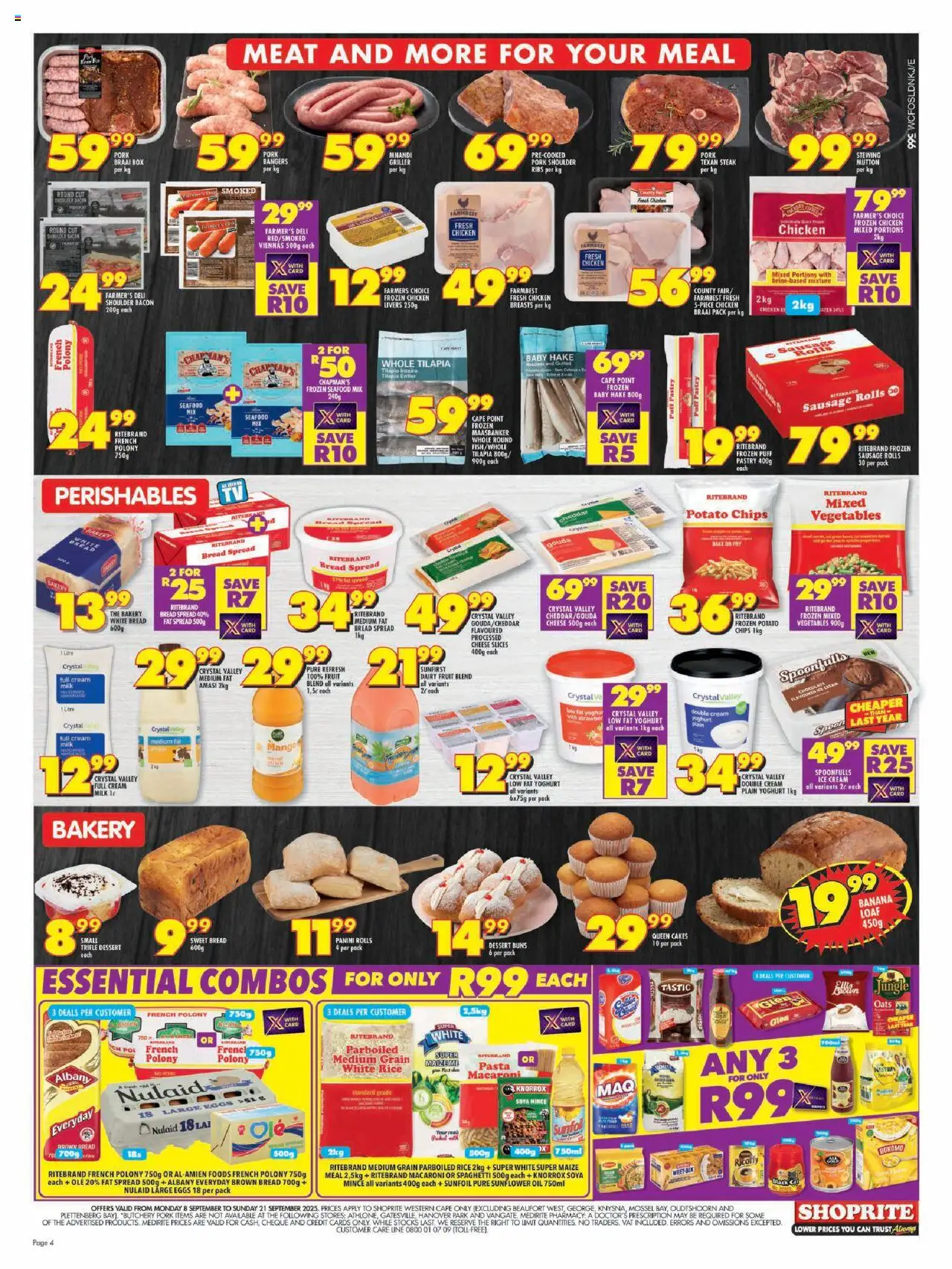 New Shoprite catalogue – valid from 08.09.2025 | Page: 4 | Products: Ribs, Milk, Eggs, Ice cream