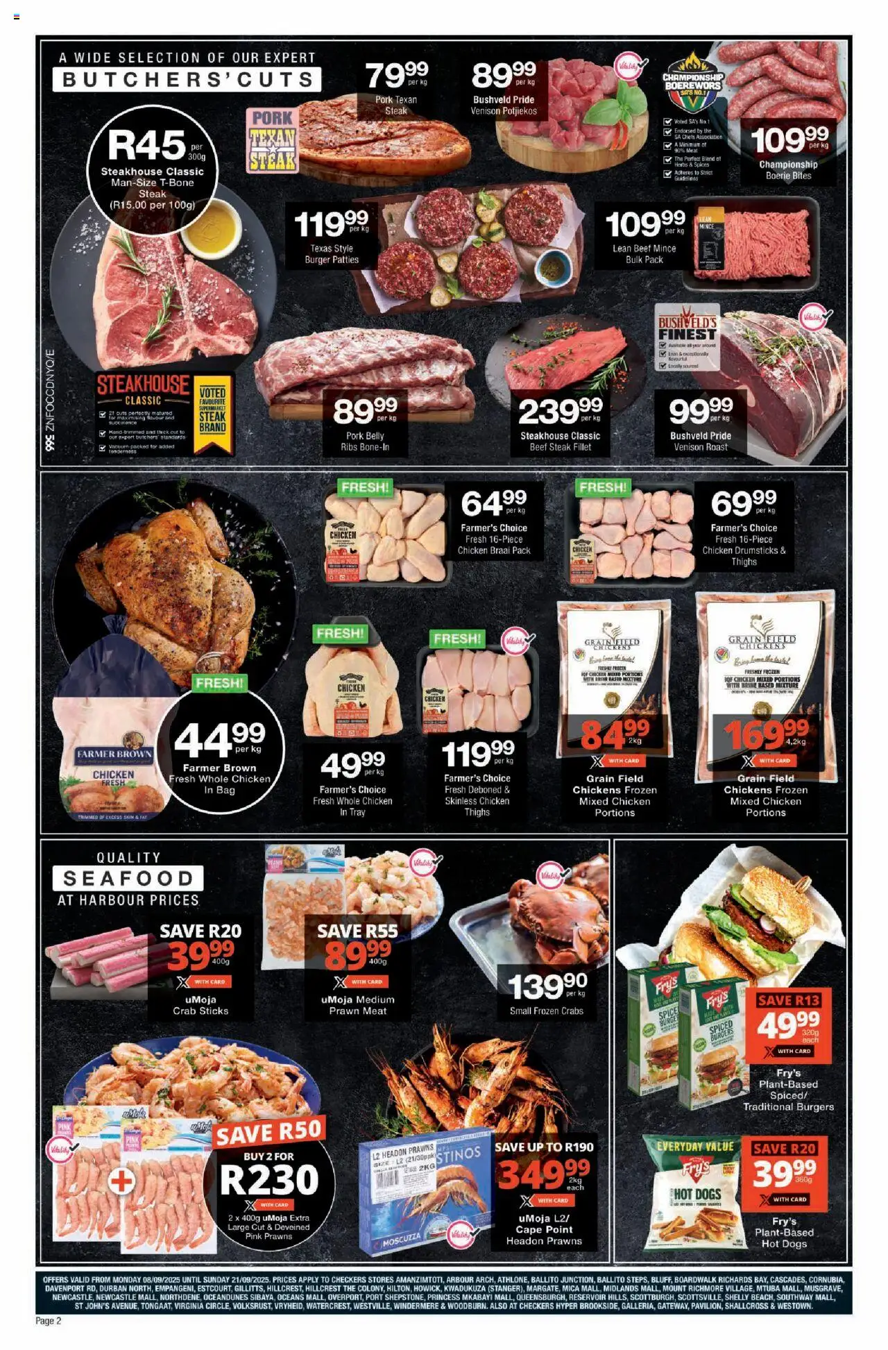 New Checkers catalogue – valid from 08.09.2025 | Page: 2 | Products: Tray, Boerewors, Spices, Seafood