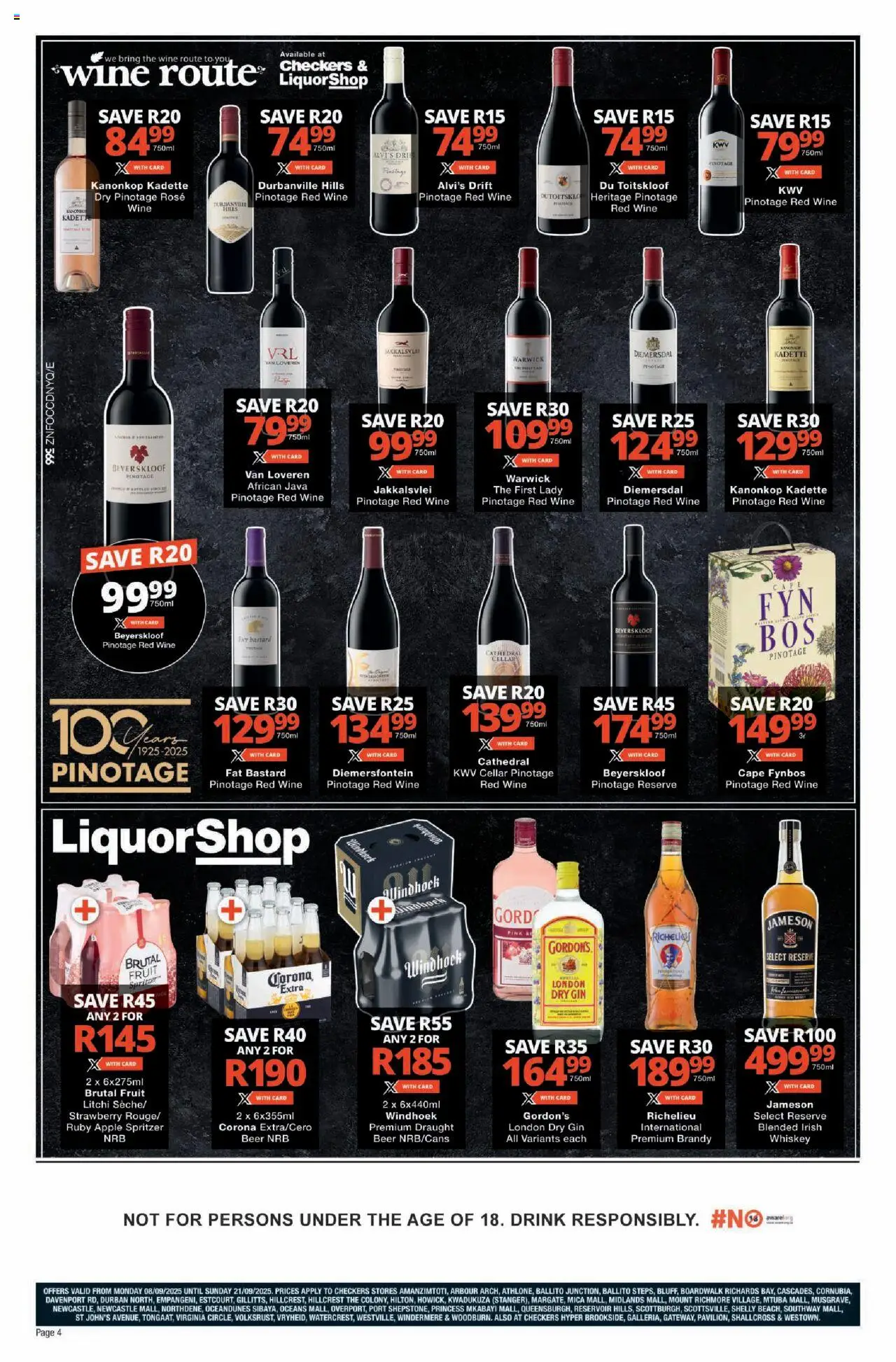 New Checkers catalogue – valid from 08.09.2025 | Page: 4 | Products: Brandy, Wine, Sprite, Gin