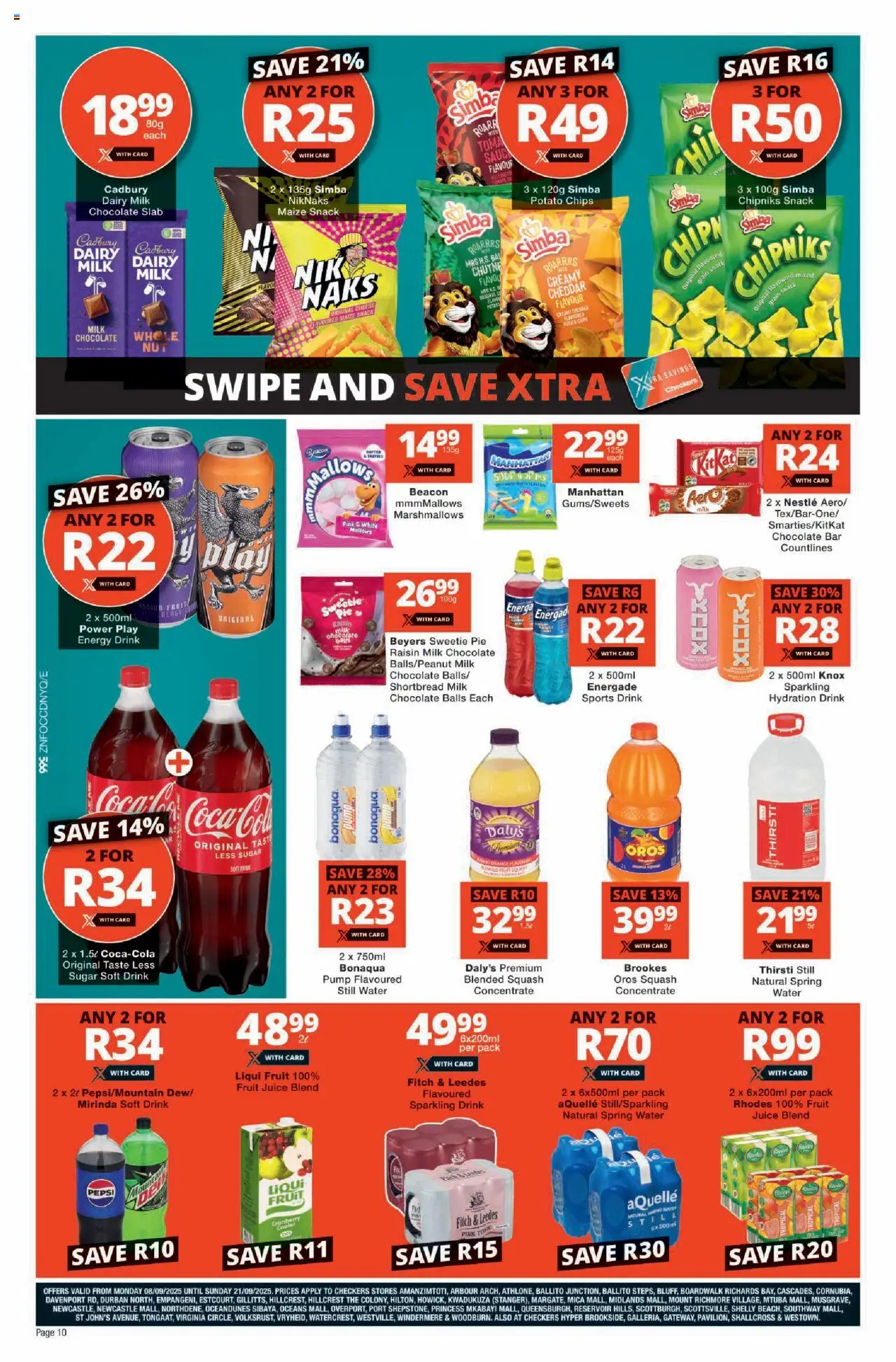 New Checkers catalogue – valid from 08.09.2025 | Page: 10 | Products: Squash, Juice, Water, Fruit