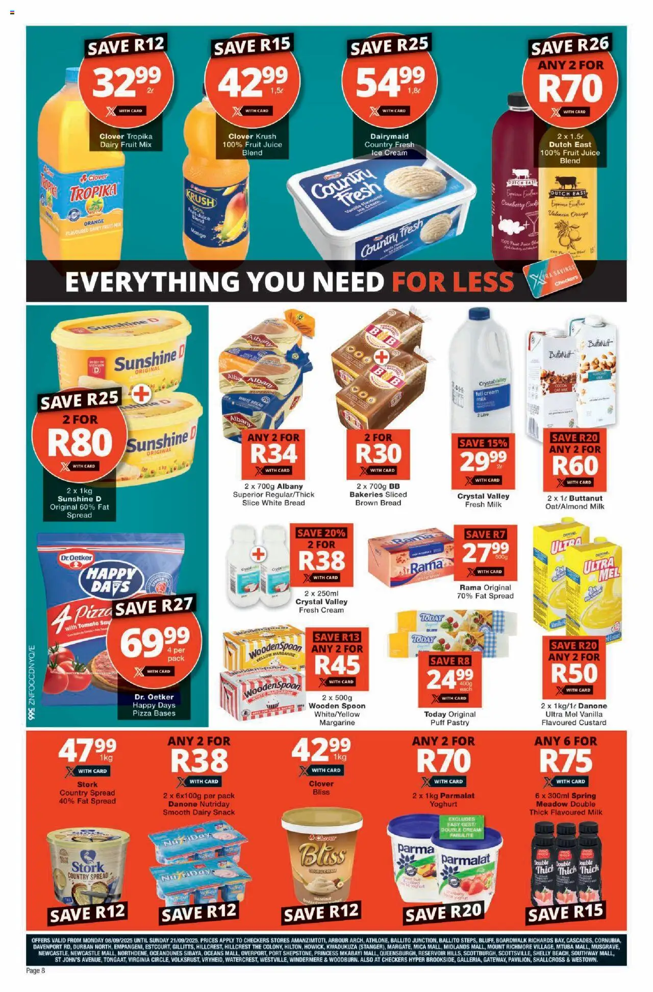 New Checkers catalogue – valid from 08.09.2025 | Page: 8 | Products: Yoghurt, Milk, Bread, Fat spread