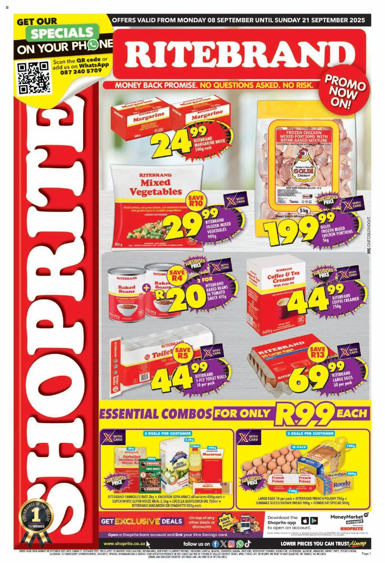 New Shoprite catalogue – valid from 08.09.2025 | Page: 1 | Products: Baked beans, Toilet, Chicken, Rice