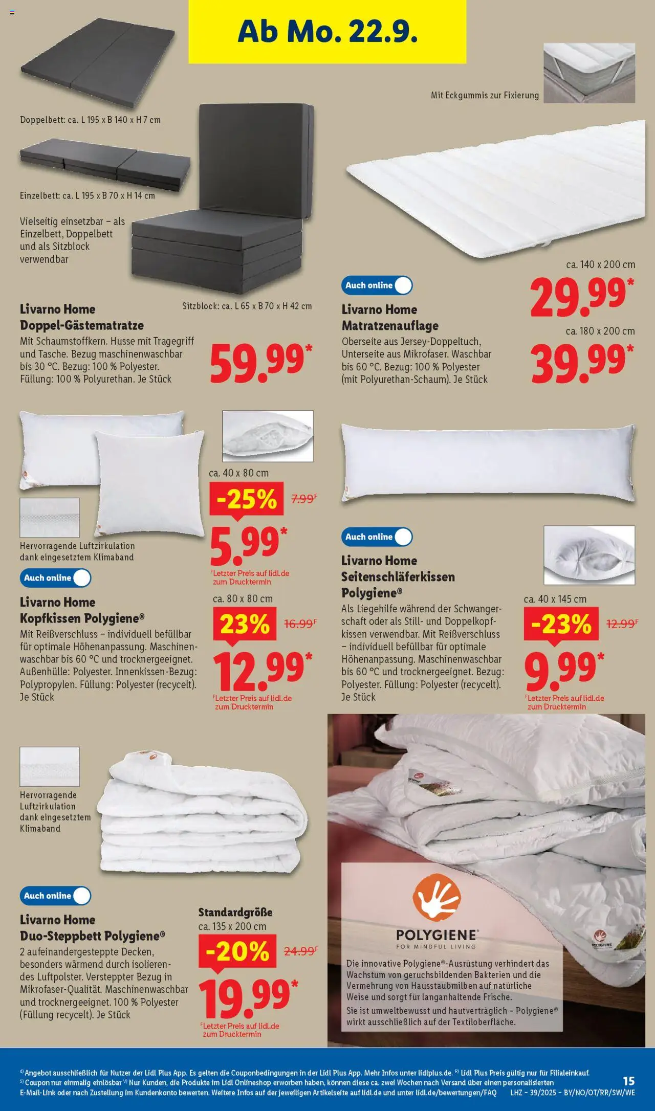 Lidl Prospekt München – gültig ab 22.09.2025 | Seite: 23 | Produkte: Kissen, Einzelbett, Doppelbett, Kopfkissen