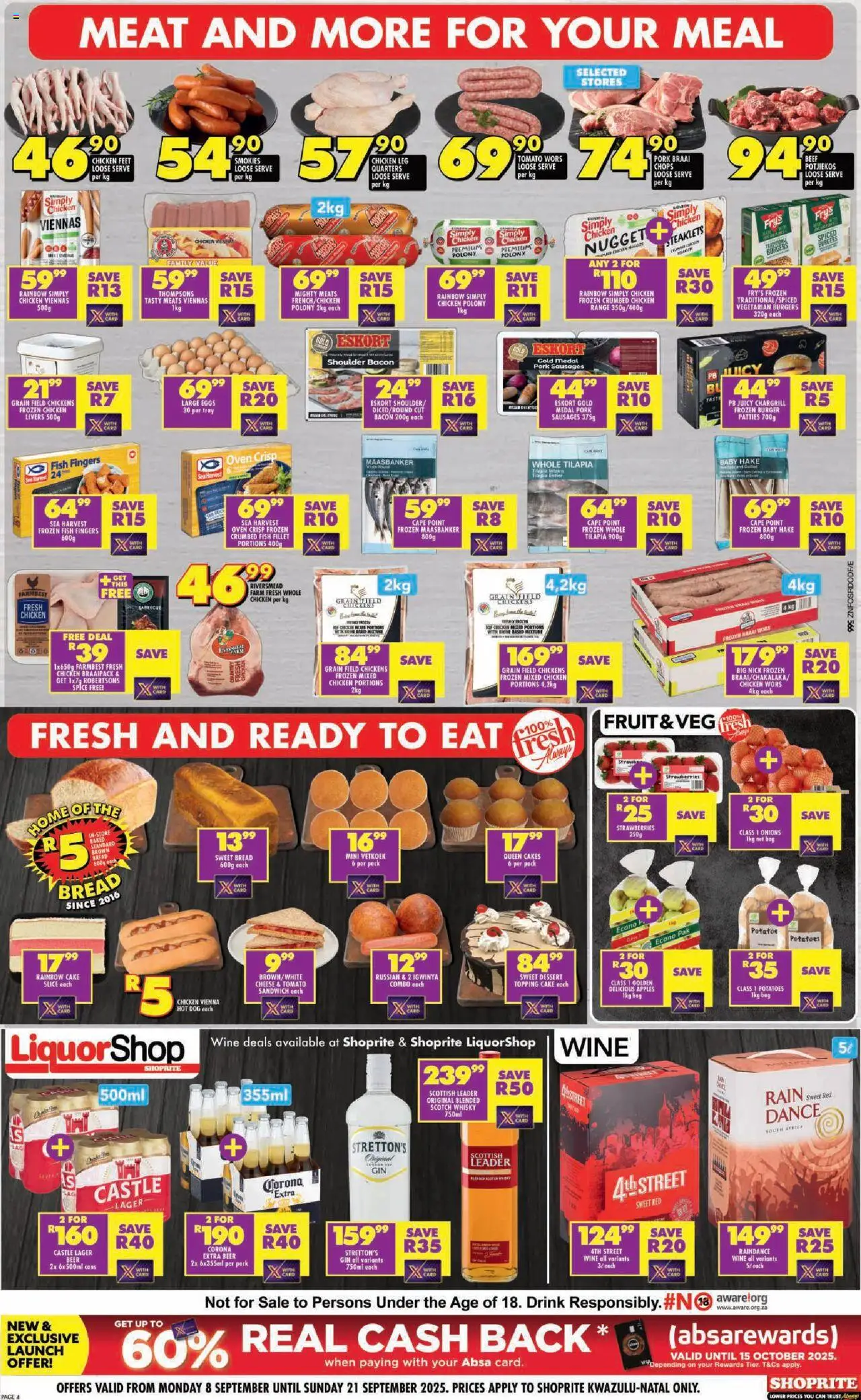 New Shoprite catalogue – valid from 08.09.2025 | Page: 4 | Products: Pork, Fish, Burgers, Bacon