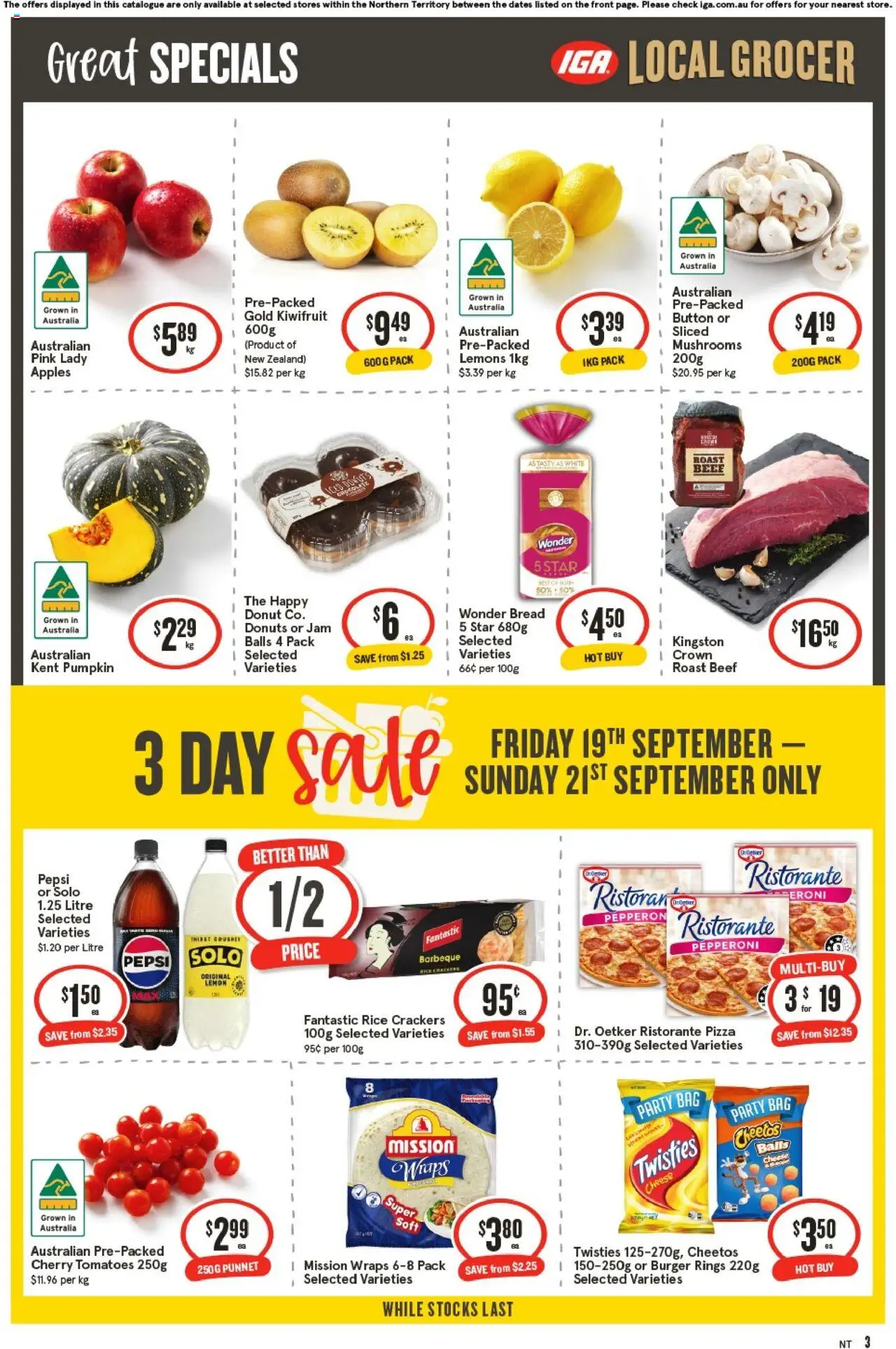 IGA catalogue - valid from 17.09.2025 | Page: 3 | Products: Cheese, Pizza, Apples, Tomatoes