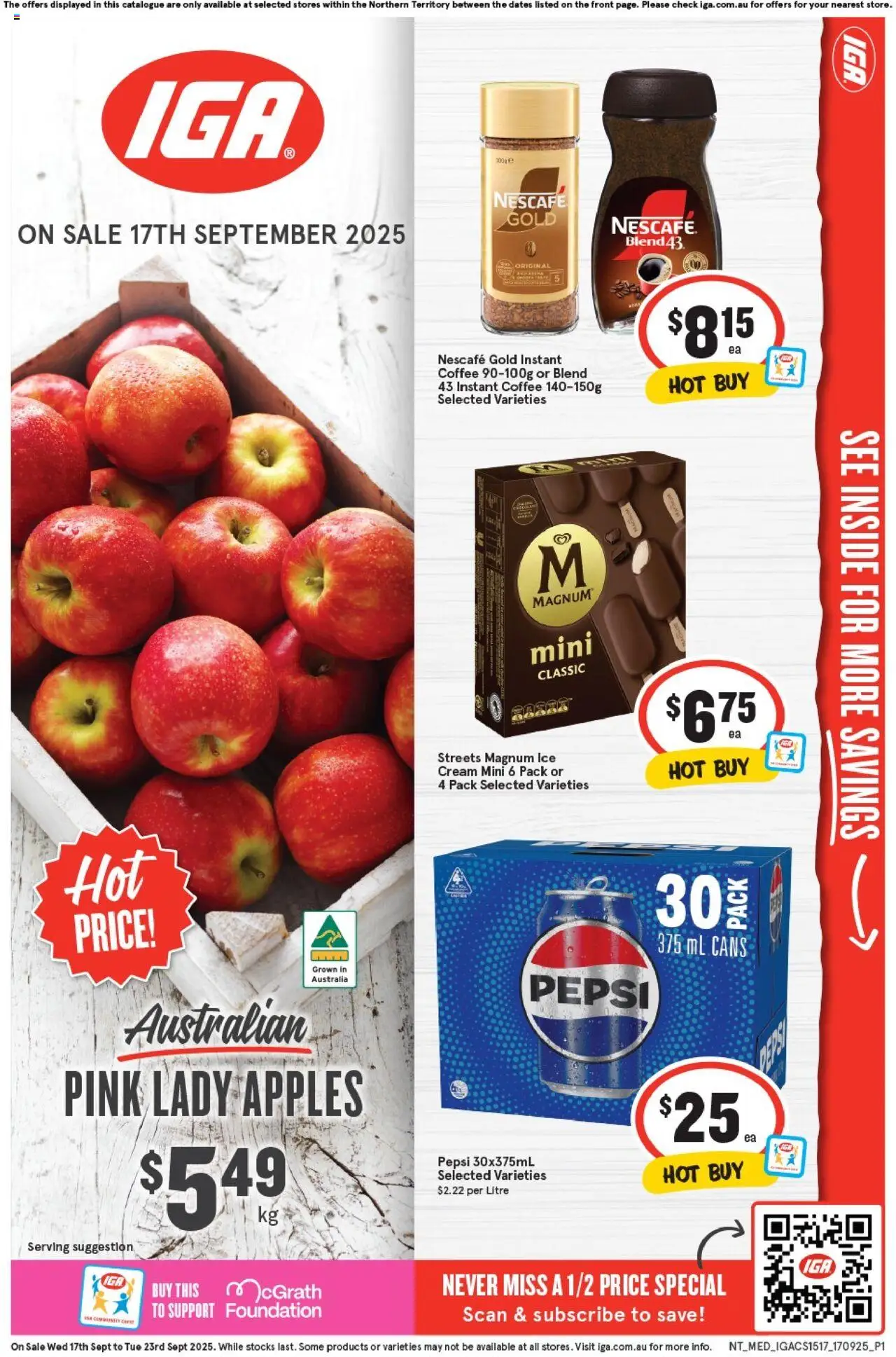IGA catalogue - valid from 17.09.2025 | Page: 1 | Products: Apples, Pepsi, Cream, Foundation