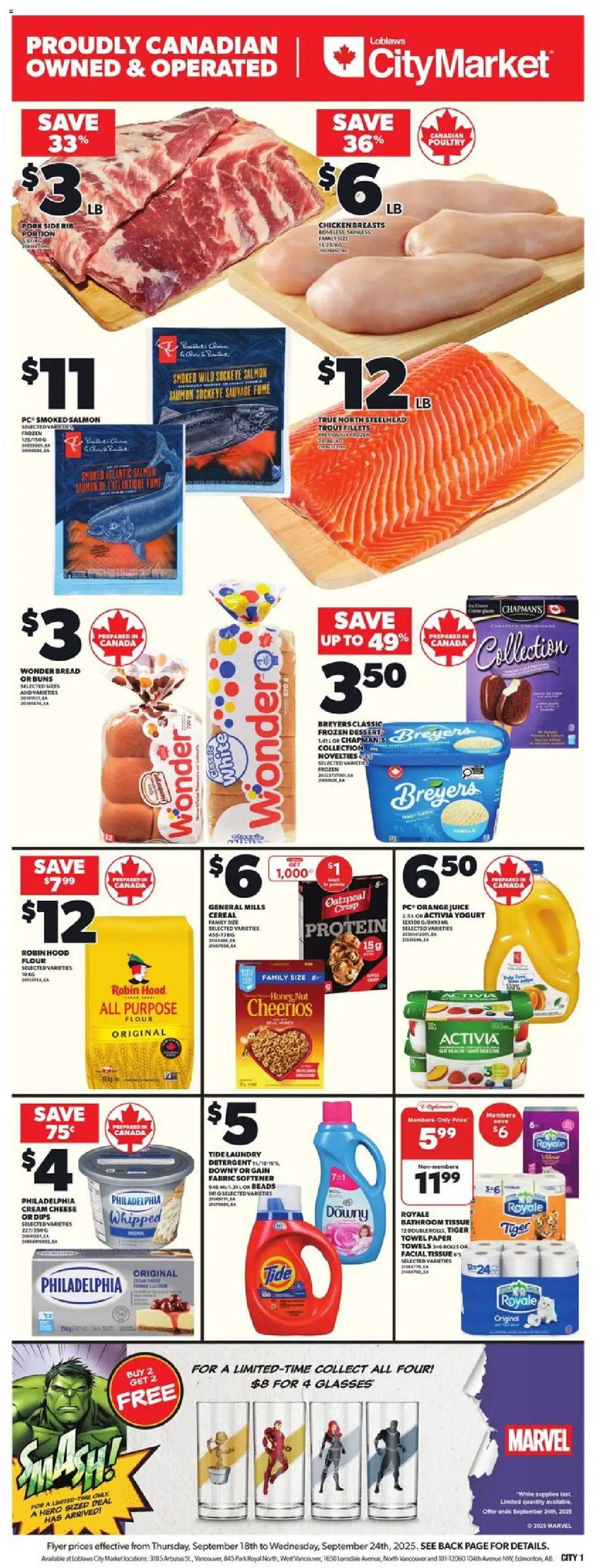 Loblaws flyer valid from 18.09.2025 | Page: 3 | Products: Cream, Glasses, Cheese, Juice