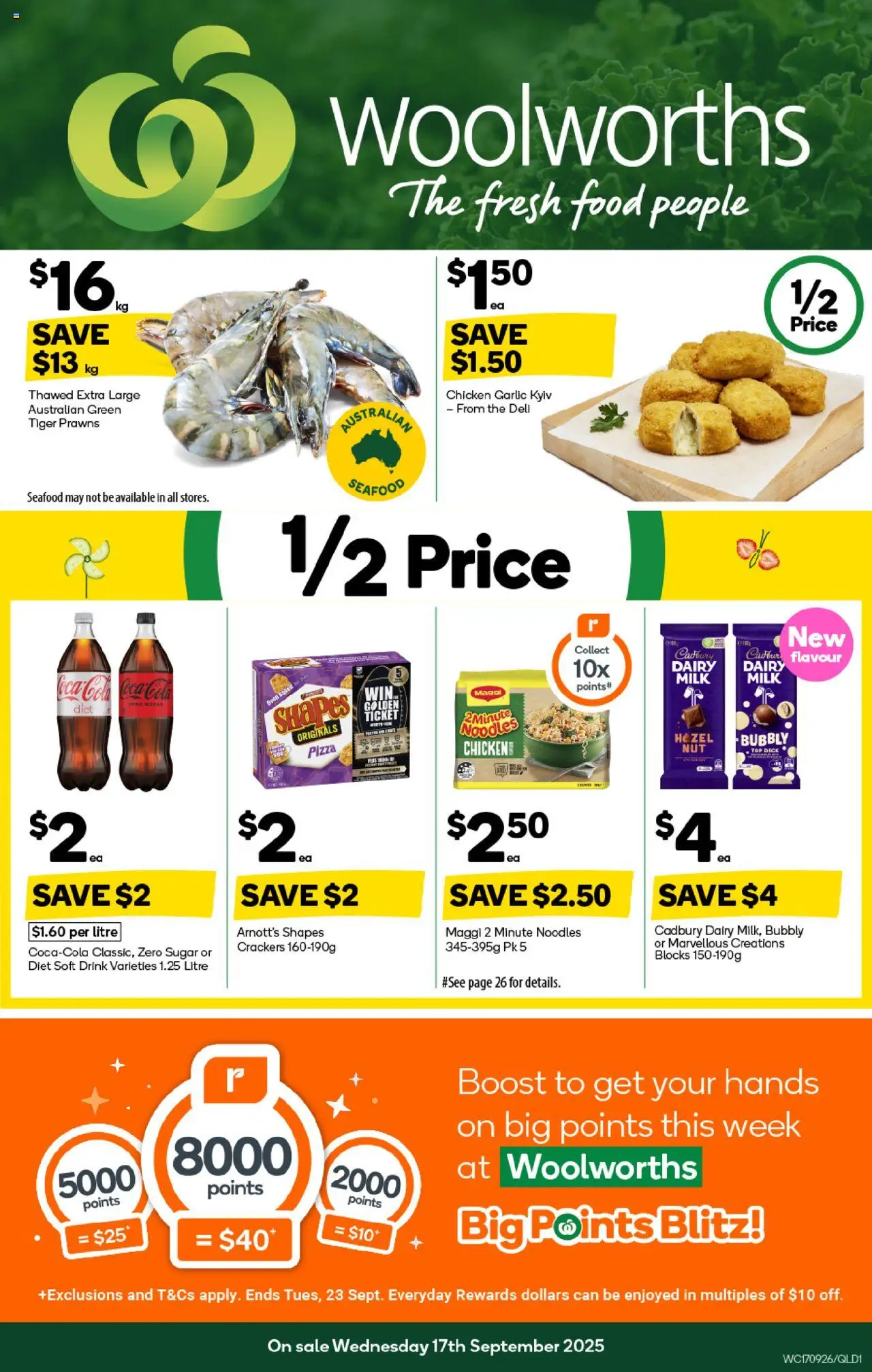 Woolworths catalogue - valid from 17.09.2025 | Page: 1 | Products: Milk, Chicken, Coca Cola, Prawns
