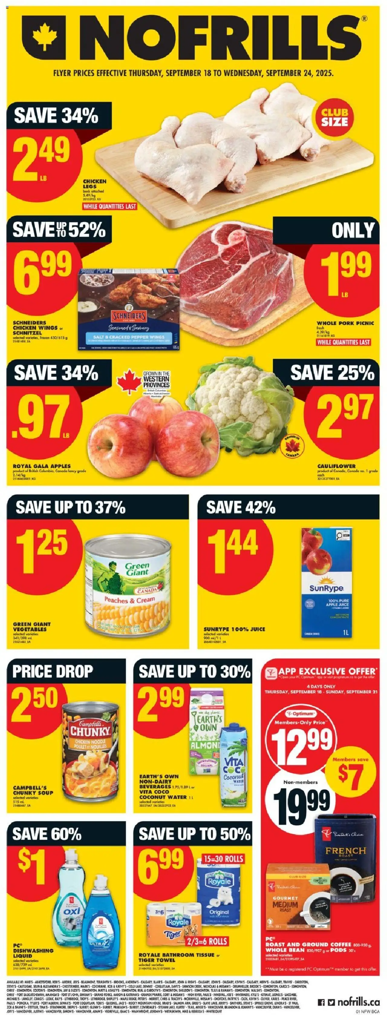 No Frills flyer valid from 18.09.2025 | Page: 1 | Products: Coffee, Chicken, Pork, Apples