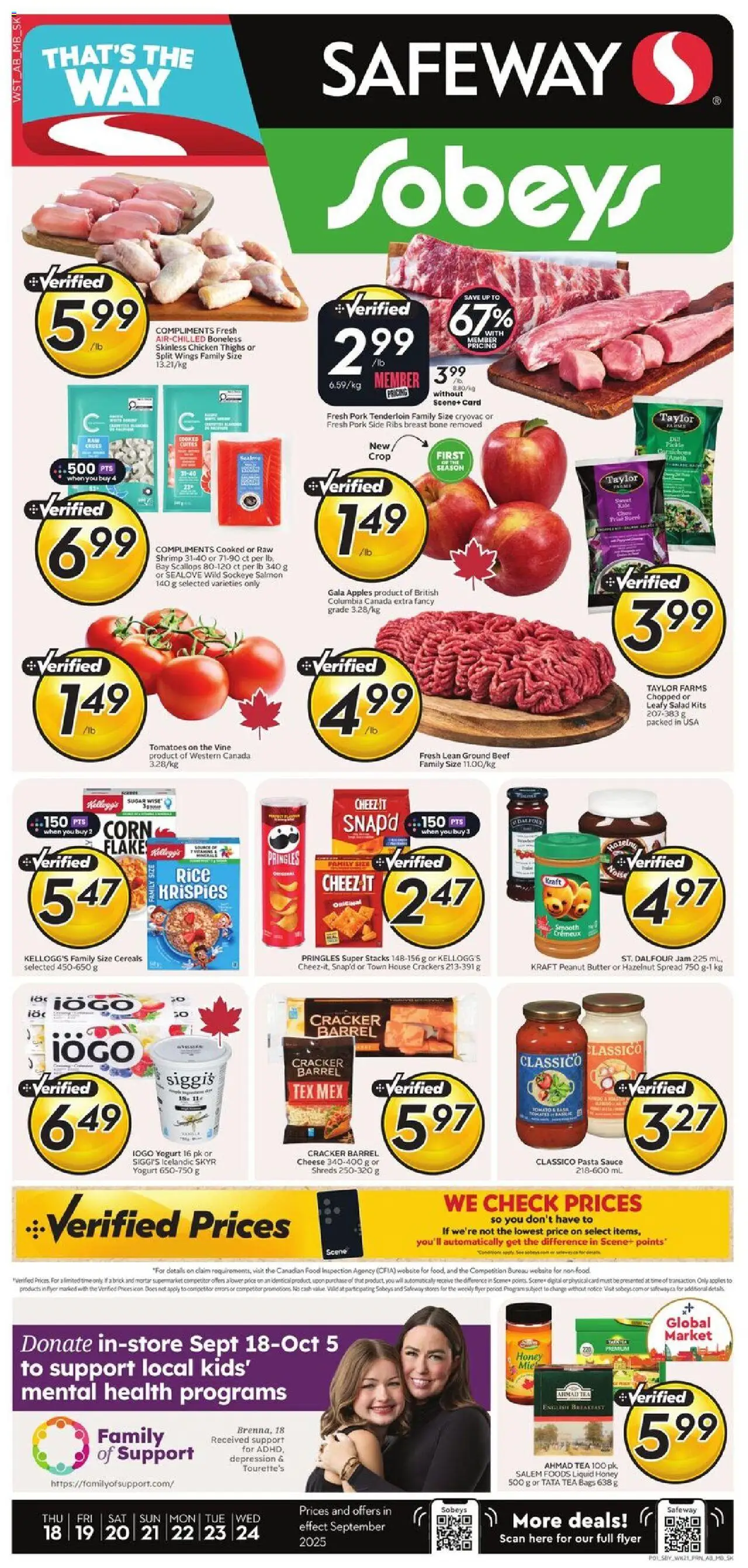 Sobeys flyer valid from 18.09.2025 | Page: 1 | Products: Cereals, Butter, Cheese, Pork