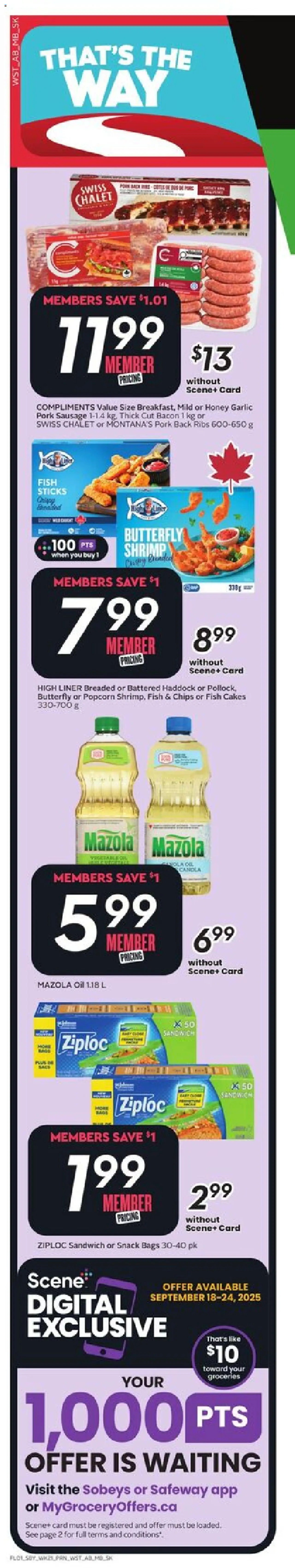 Sobeys flyer valid from 18.09.2025 | Page: 2 | Products: Fish, Chips, Oil, Pork