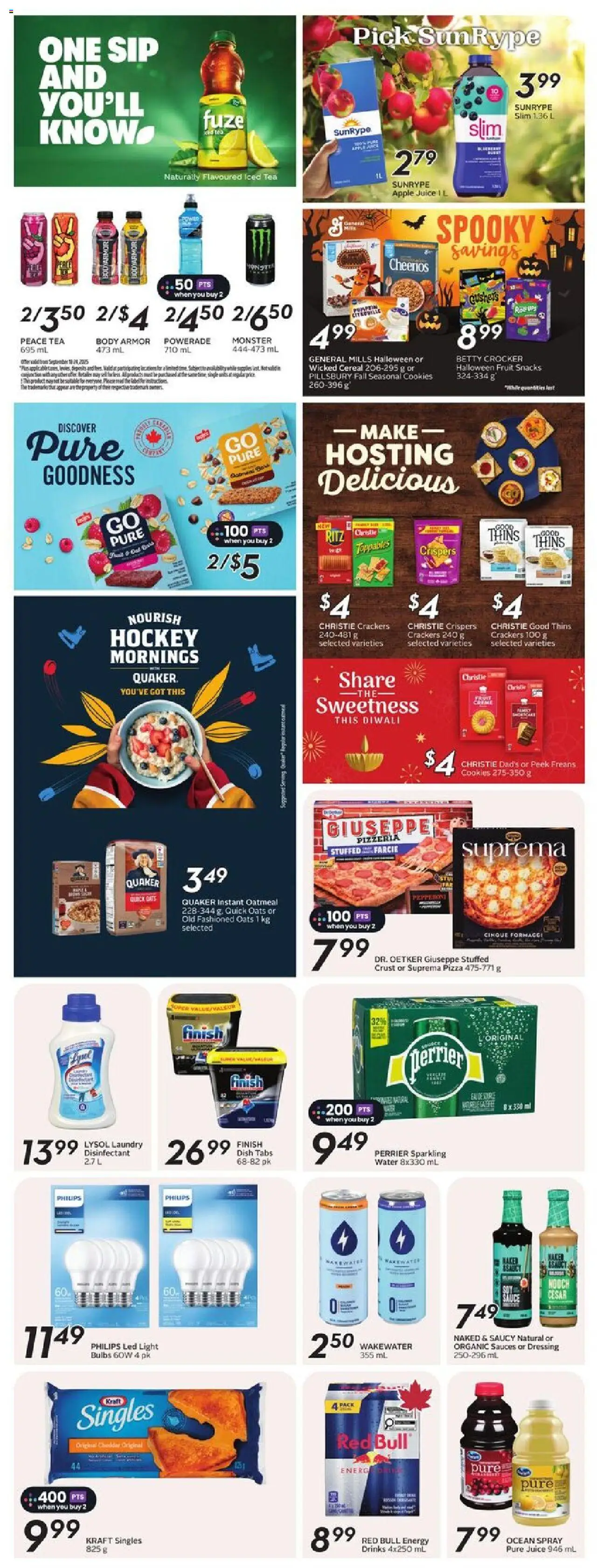 Sobeys flyer valid from 18.09.2025 | Page: 24 | Products: Tea, Cookies, Pizza, Juice
