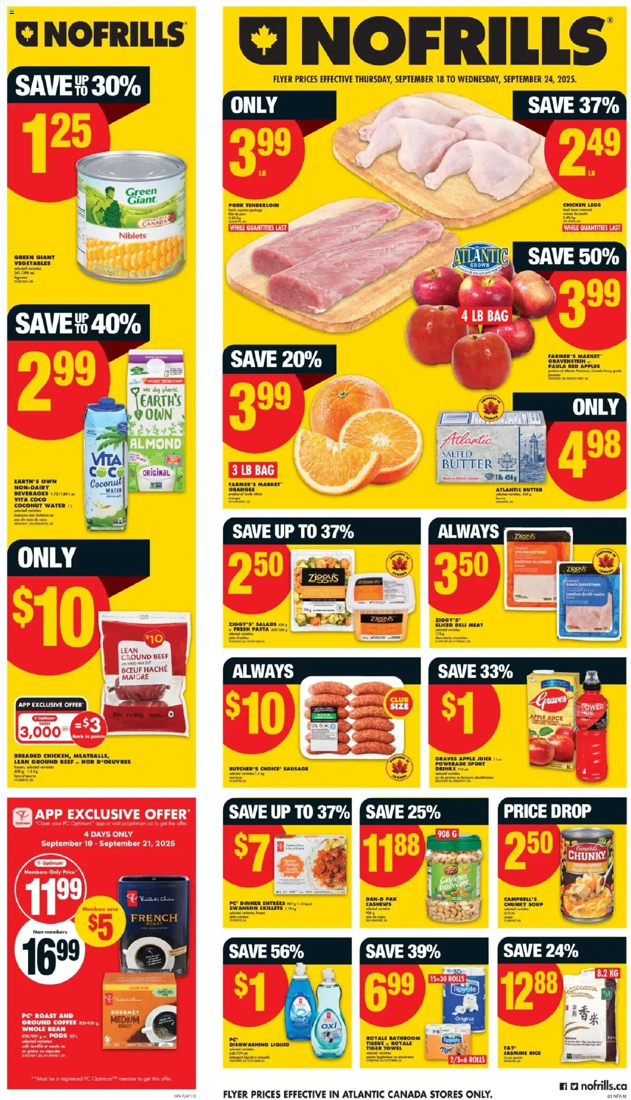 No Frills flyer valid from 18.09.2025 | Page: 1 | Products: Pasta, Bag, Juice, Pork