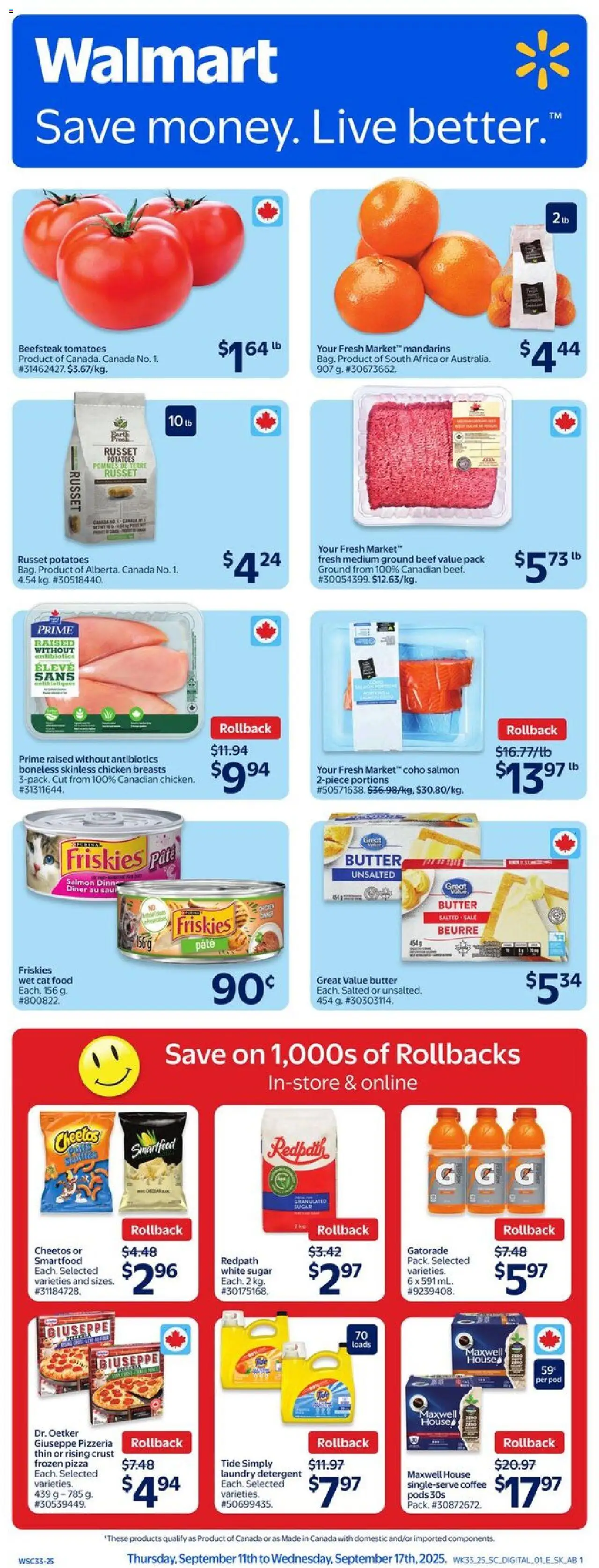 Walmart flyer valid from 11.09.2025 | Page: 1 | Products: Beef, Detergent, Coffee, Pizza
