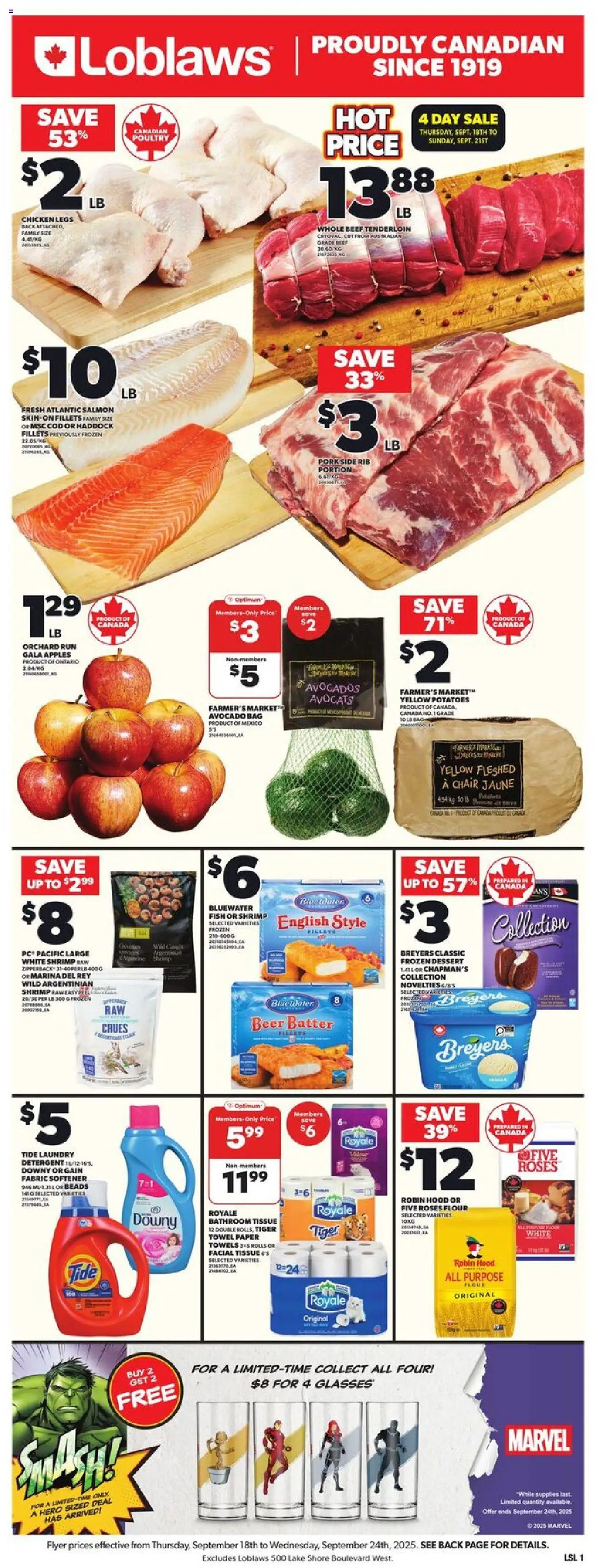 Loblaws flyer valid from 18.09.2025 | Page: 3 | Products: Potatoes, Bag, Detergent, Beer