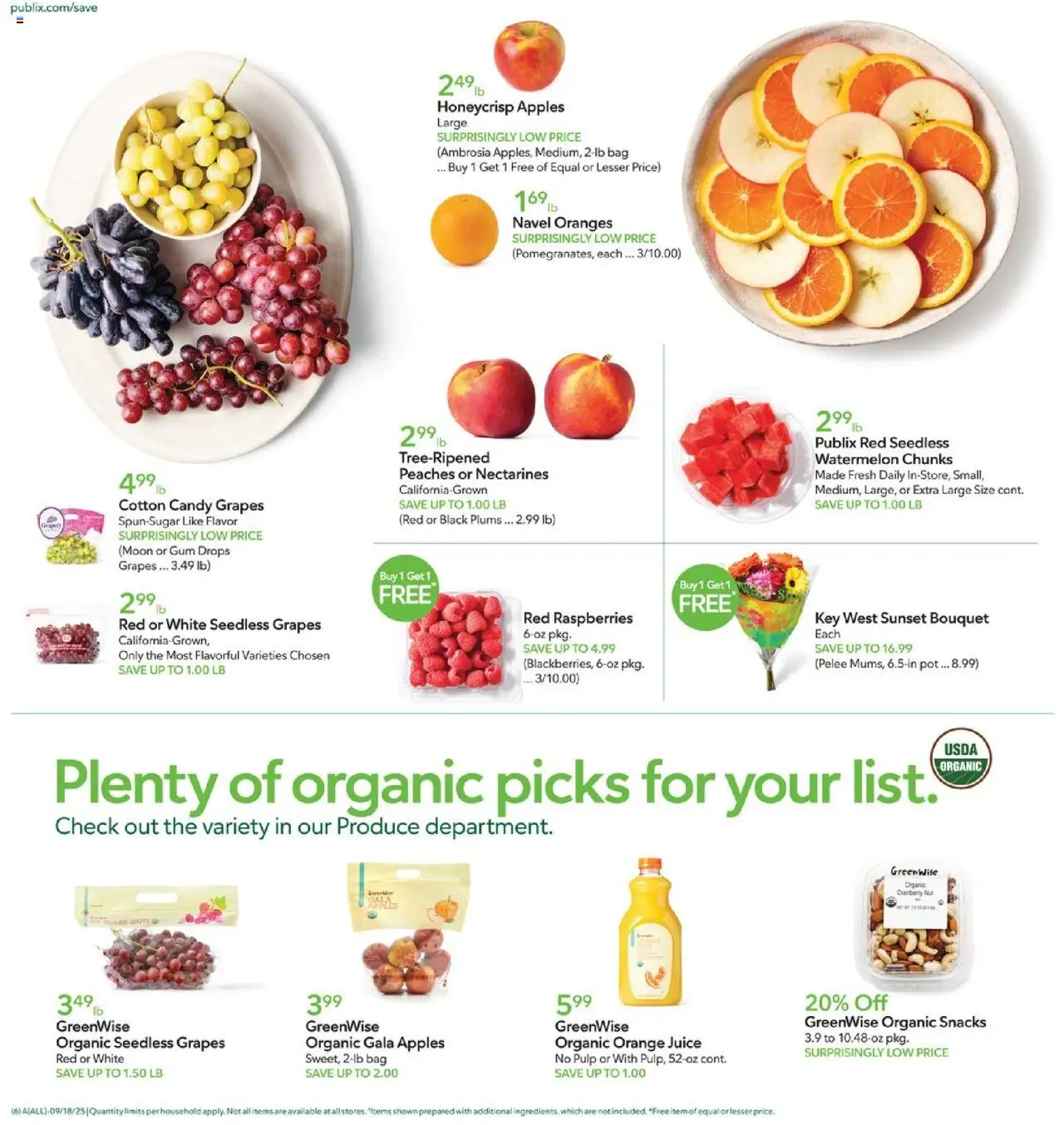 Publix Weekly Ad - valid from 17.09.2025 | Page: 6 | Products: Peaches, Oranges, Grapes, Bag