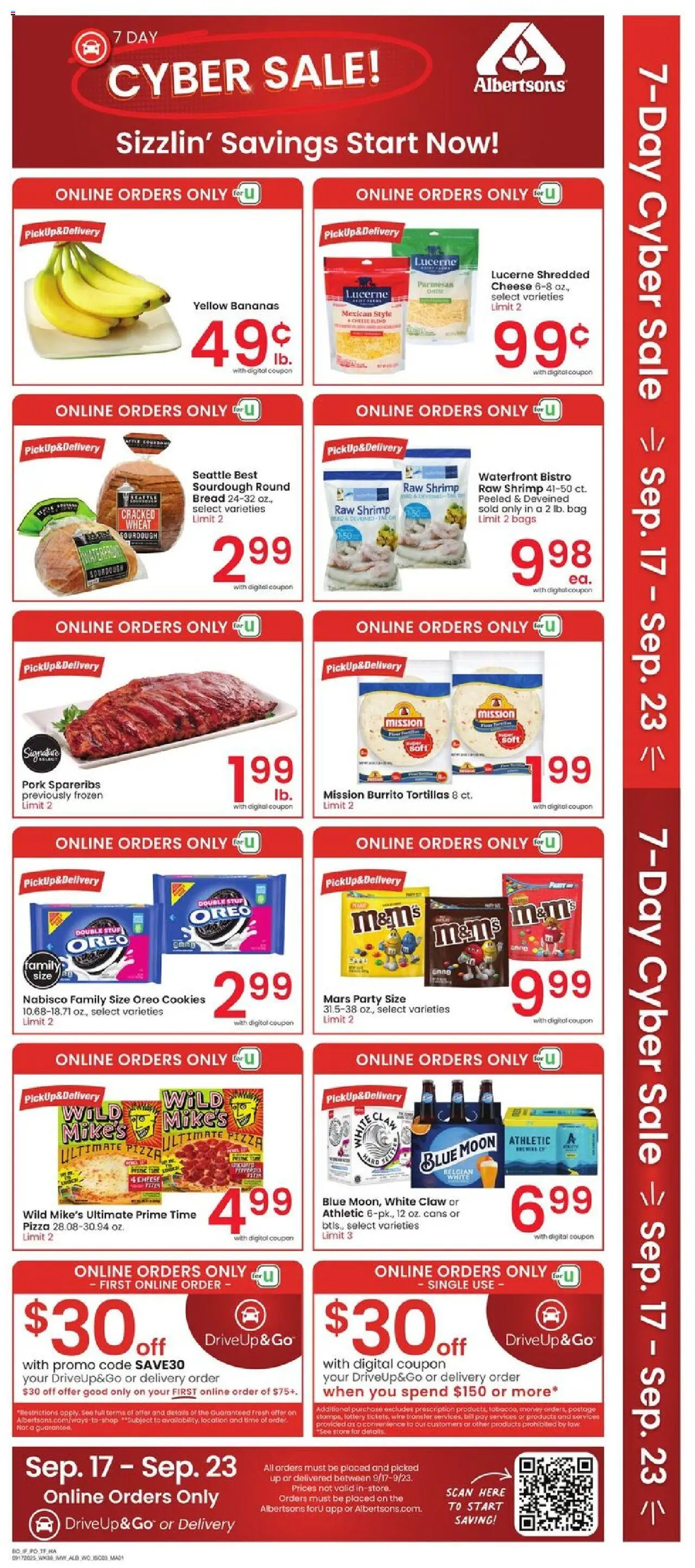 Albertsons Weekly Ad - valid from 17.09.2025 | Page: 3 | Products: Pizza, Pork, Bananas, Bag