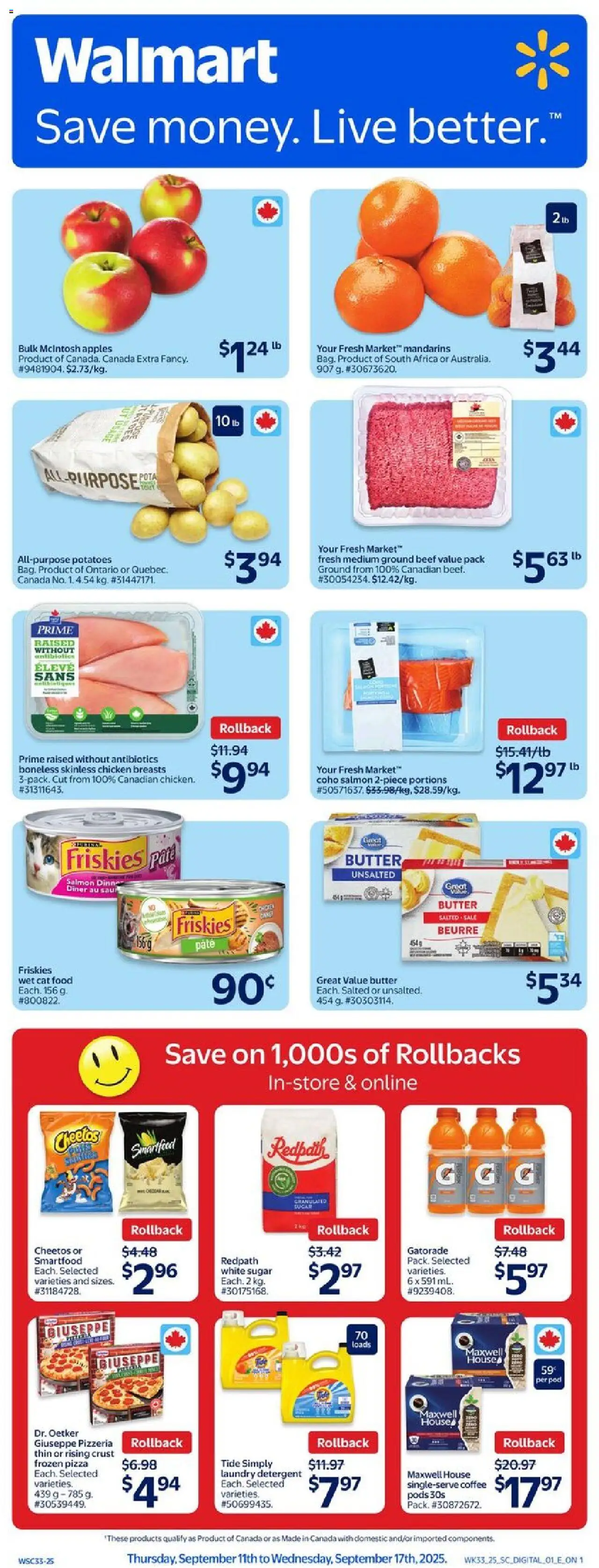 Walmart flyer valid from 11.09.2025 | Page: 1 | Products: Potatoes, Detergent, Coffee, Chicken