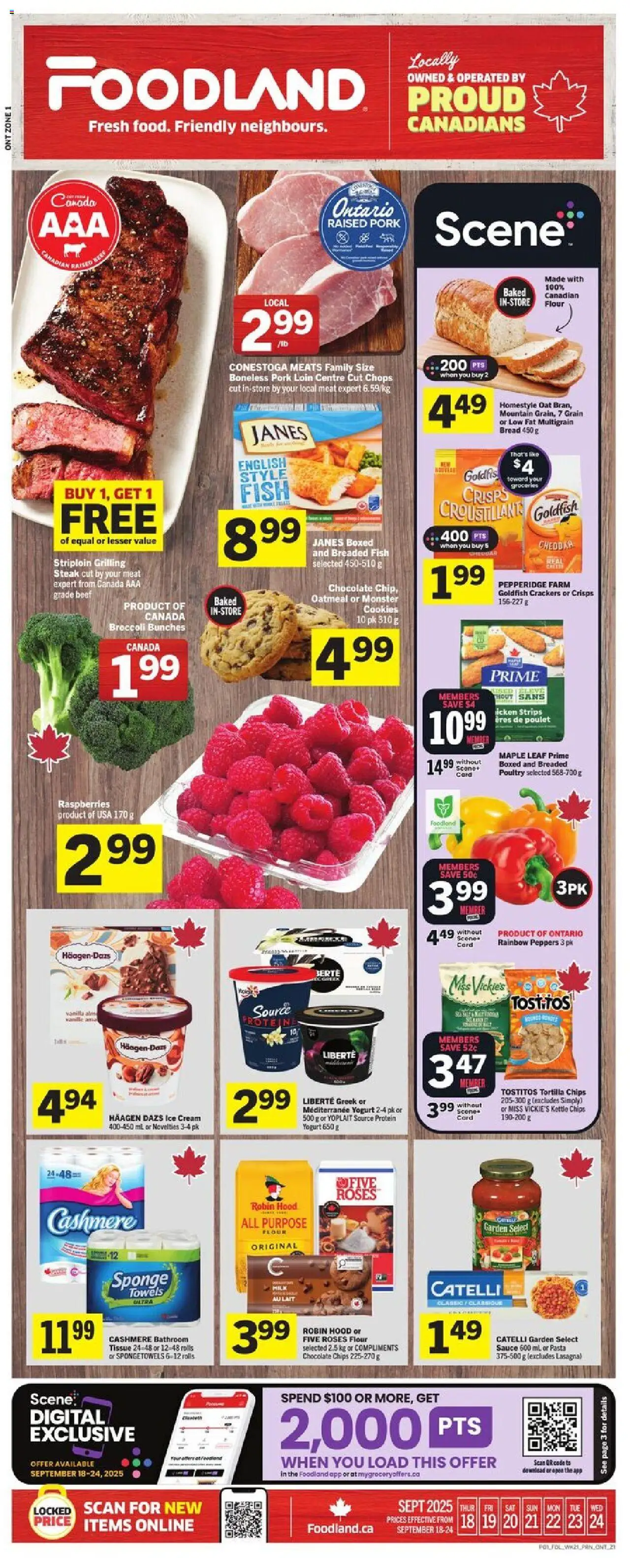 Foodland flyer valid from 18.09.2025 | Page: 1 | Products: Fish, Yogurt, Bread, Pork