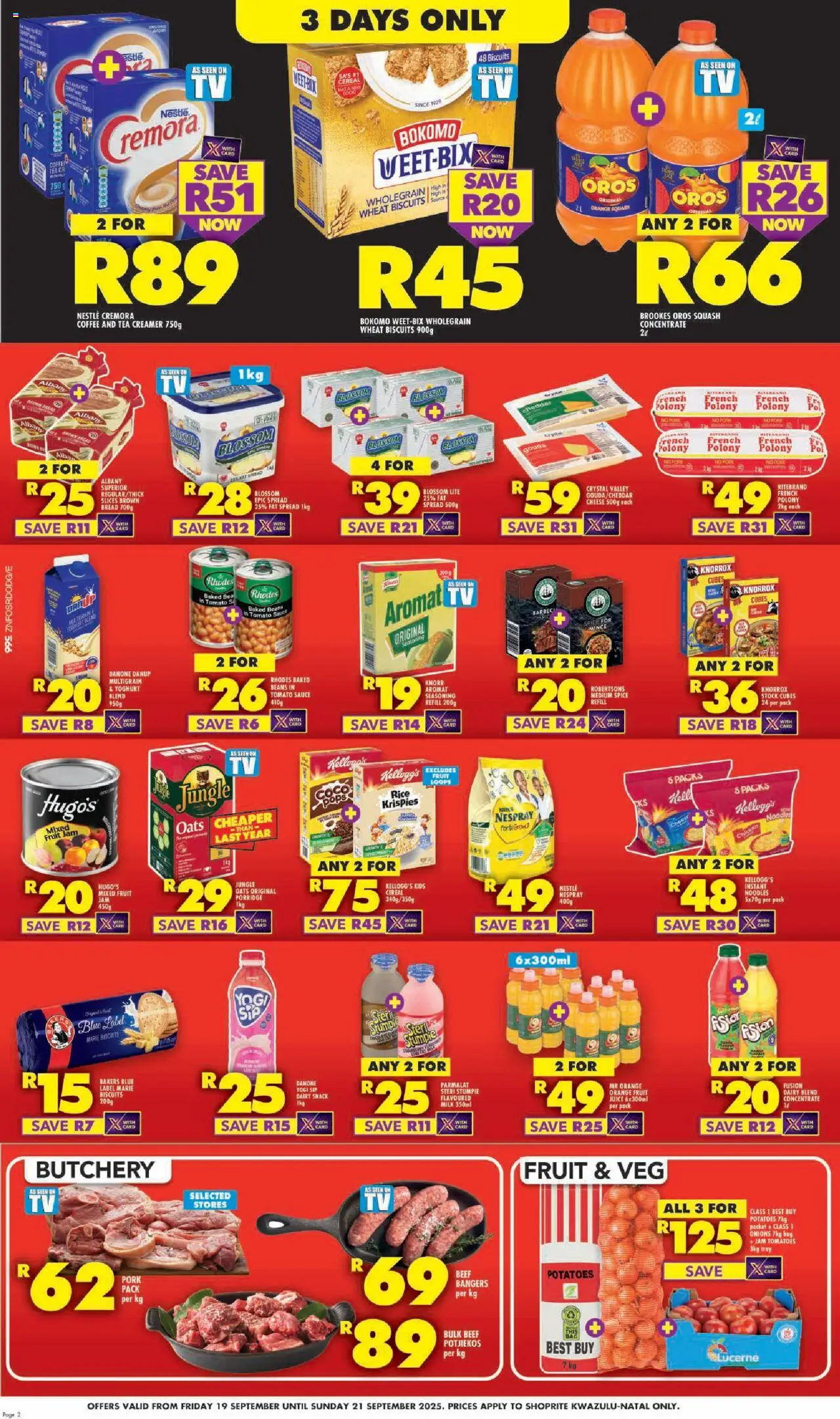 New Shoprite catalogue – valid from 19.09.2025 | Page: 2 | Products: Baked beans, Bag, Yoghurt, Beef